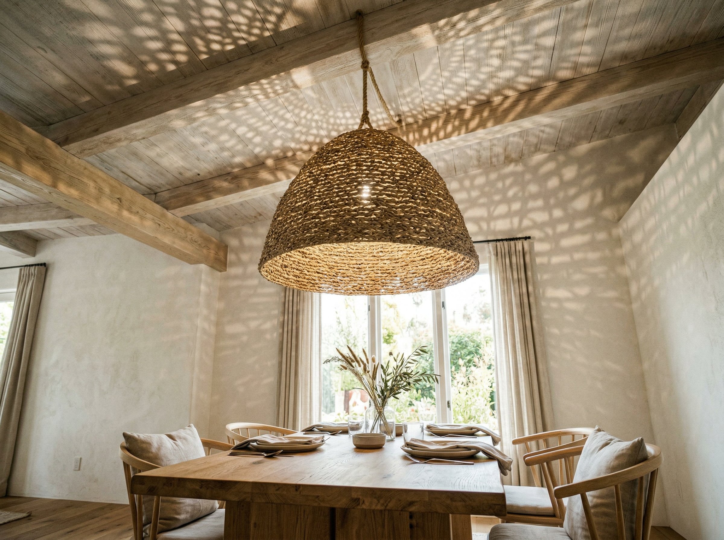 Photorealistic interior photo. Dining area with an oversized woven seagrass pendant light casting dappled shadows, light oak table, natural sunlight, upward angle. Editorial photography style, no peop