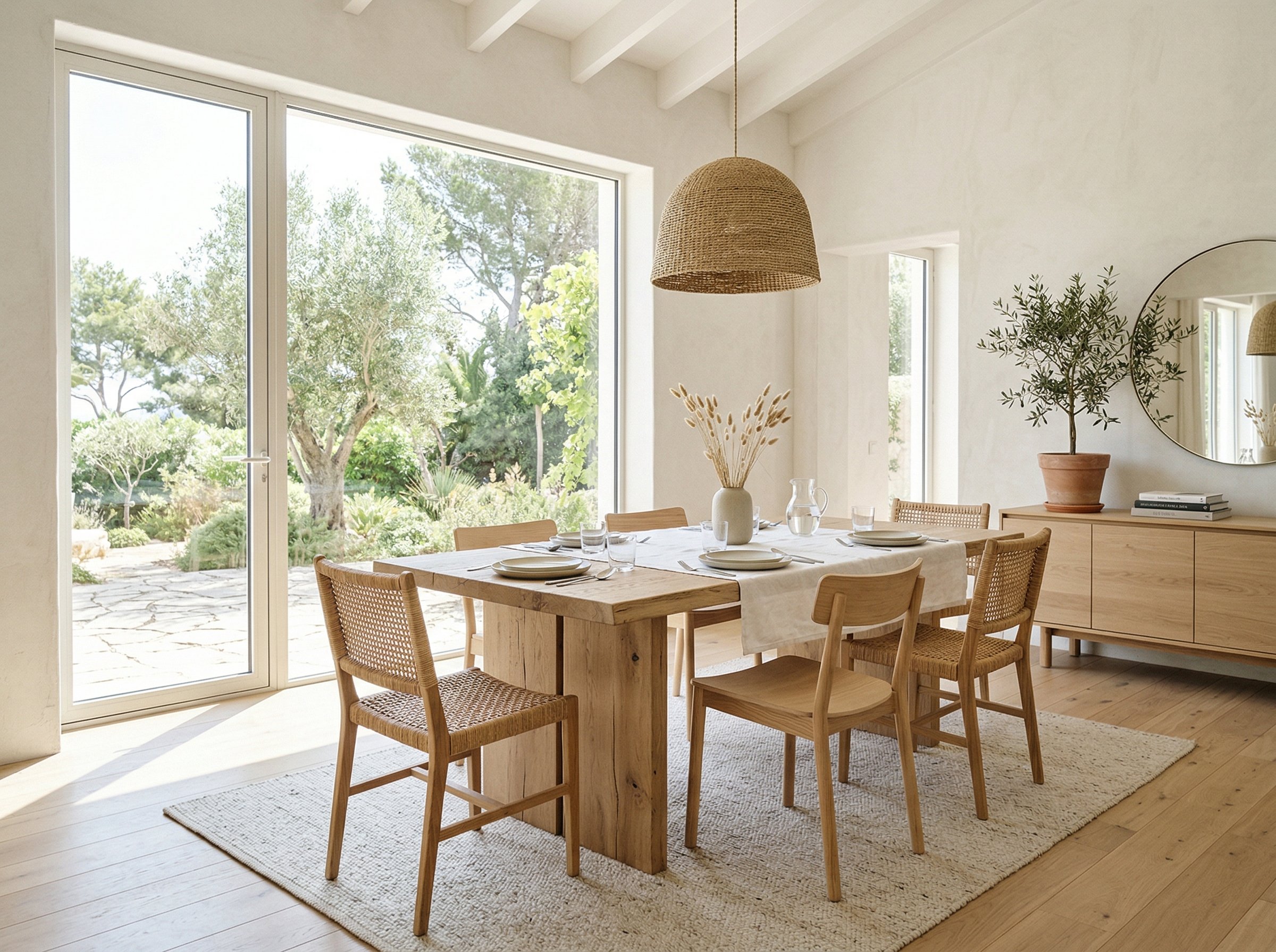 Photorealistic interior photo. Dining room featuring a raw white oak dining table, minimalist chairs, sun-bleached look, bright daytime lighting, wide shot. Editorial photography style, no people visi