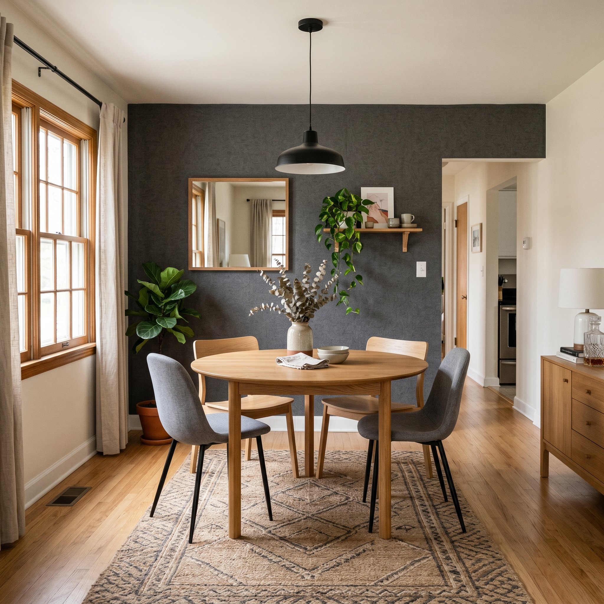 Photorealistic interior photo. Dining room featuring textured charcoal peel-and-stick wallpaper on the back wall. Round dining table with modern chairs. Soft natural daylight, wide shot. Editorial pho