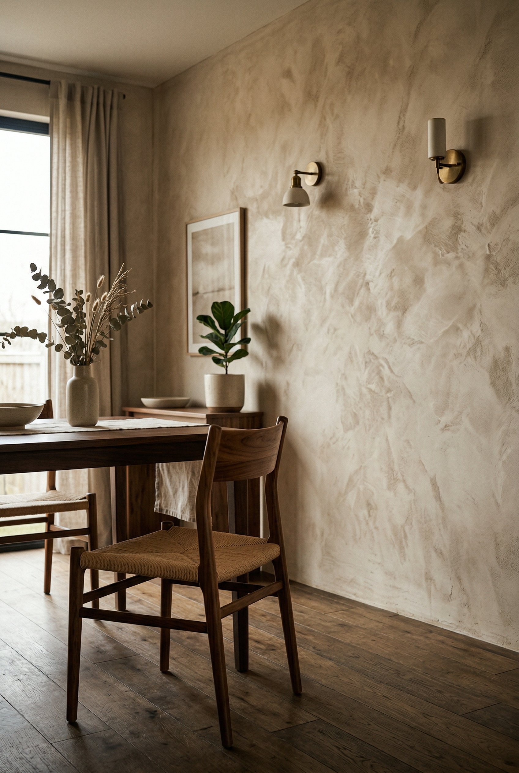 Photorealistic interior photo. Dining room wall with a cloudy, textured Roman clay finish in warm beige, streamlined wooden dining chair in foreground, moody directional lighting, angled shot. Editori