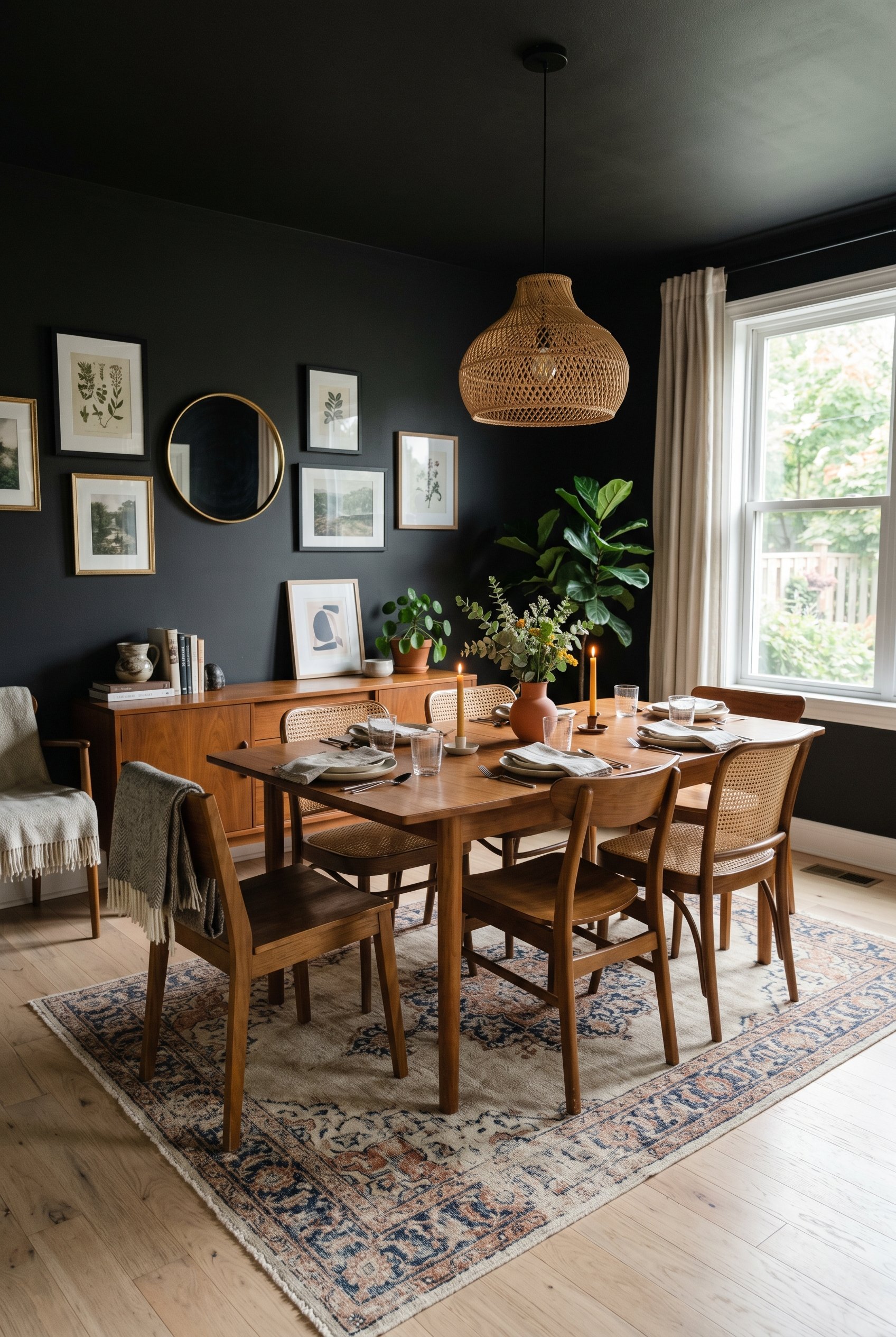 Photorealistic interior photo. Dining room with matte black walls contrasting heavily with light bleached oak hardwood floors. A vintage Persian rug with cream and navy tones sits under the table. Eye