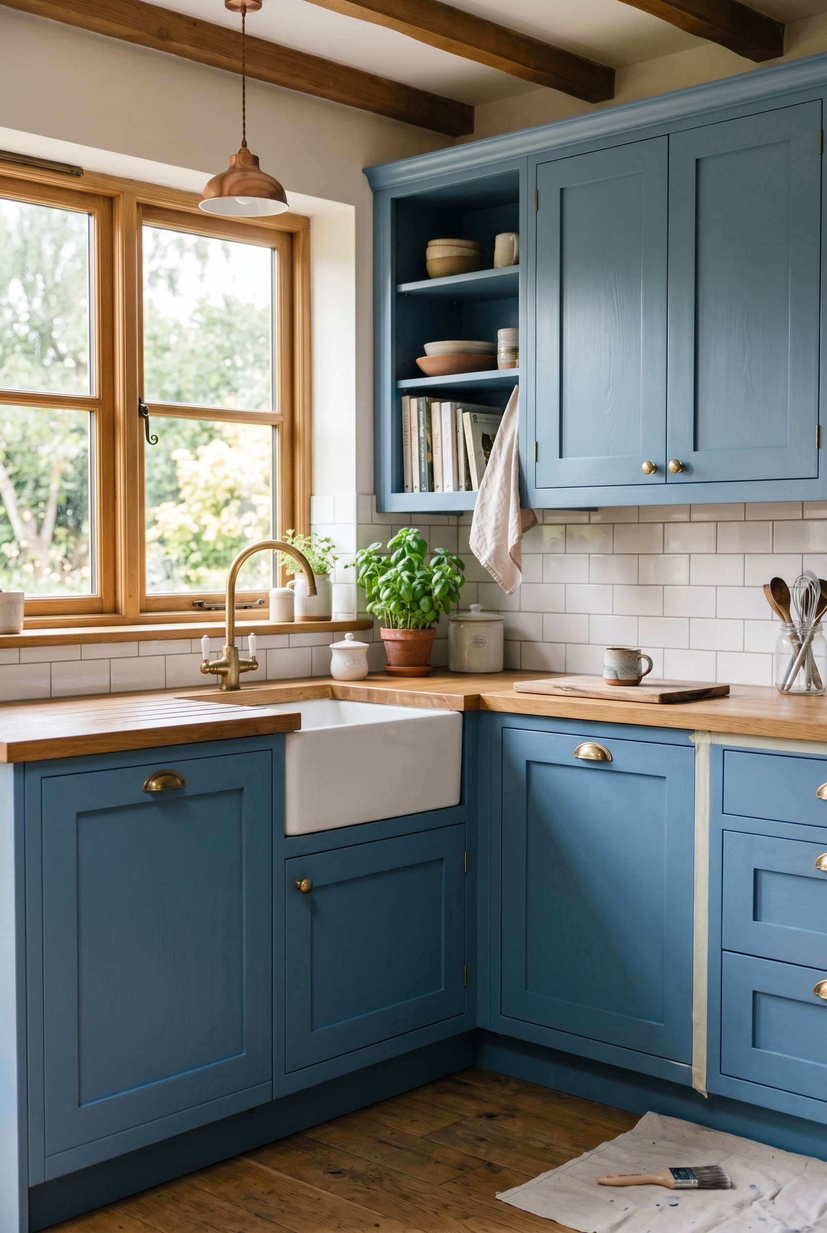 Photorealistic interior photo. DIY painted kitchen cabinets in French blue, shown mid-process or styled simply to show a smooth satin finish. Soft, diffused lighting.