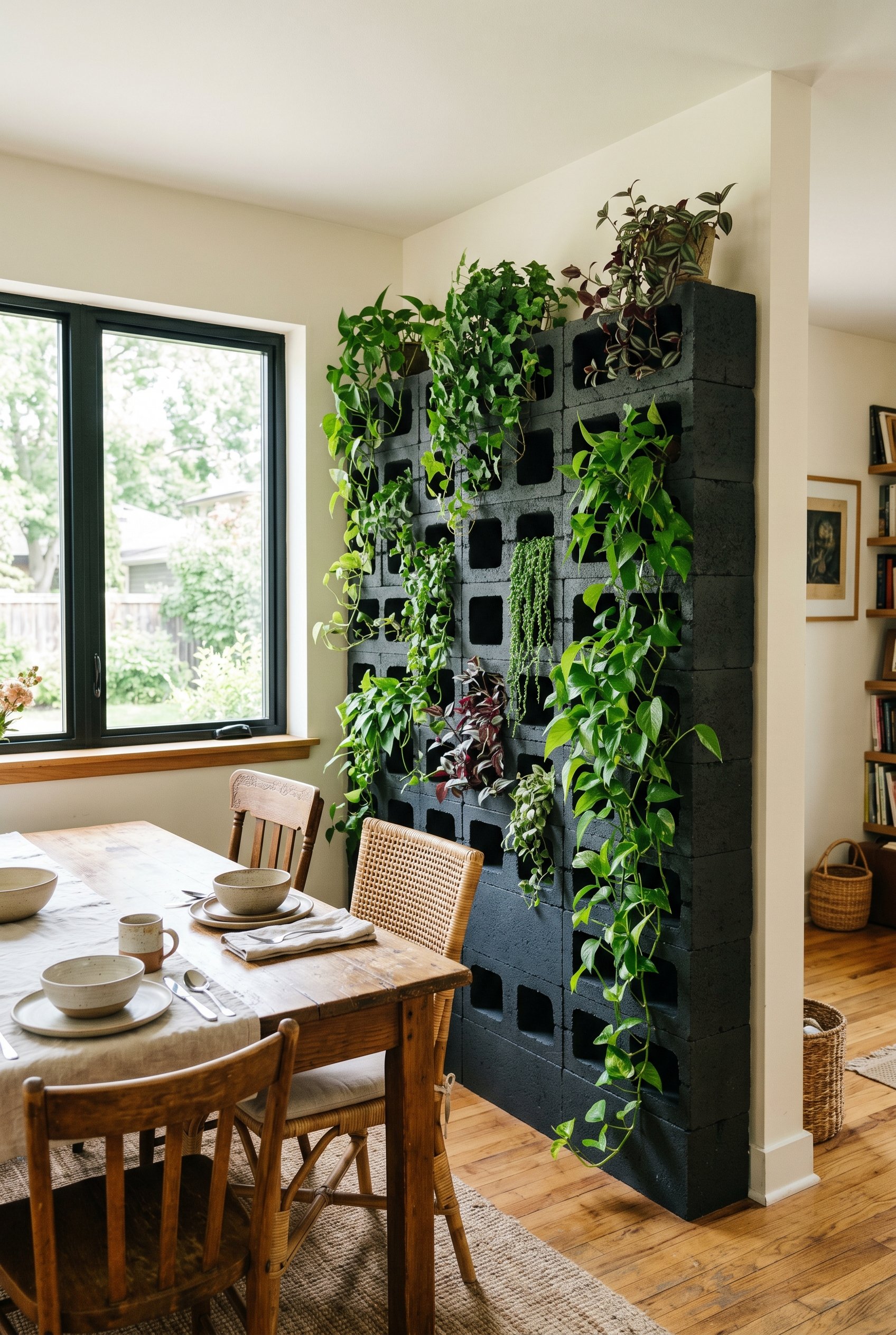 Photorealistic interior photo. DIY planter wall made of stacked concrete cinder blocks painted matte charcoal, filled with trailing green vines. Next to a rustic dining table. Bright daylight. Editori