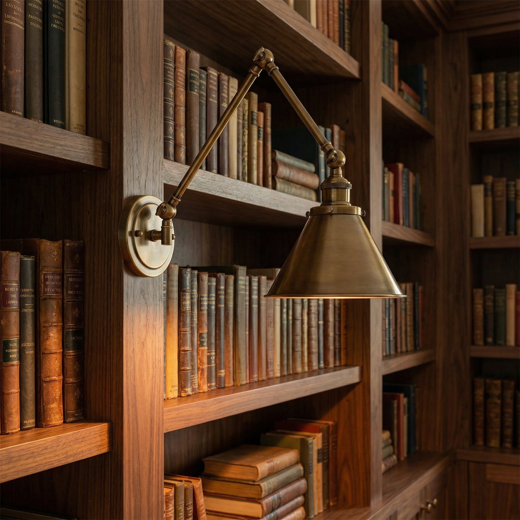 Photorealistic interior photo. Double-jointed antique brass library sconce mounted above a built-in wooden bookshelf filled with books. Warm glowing light from the sconce, close-up angled shot. Editor