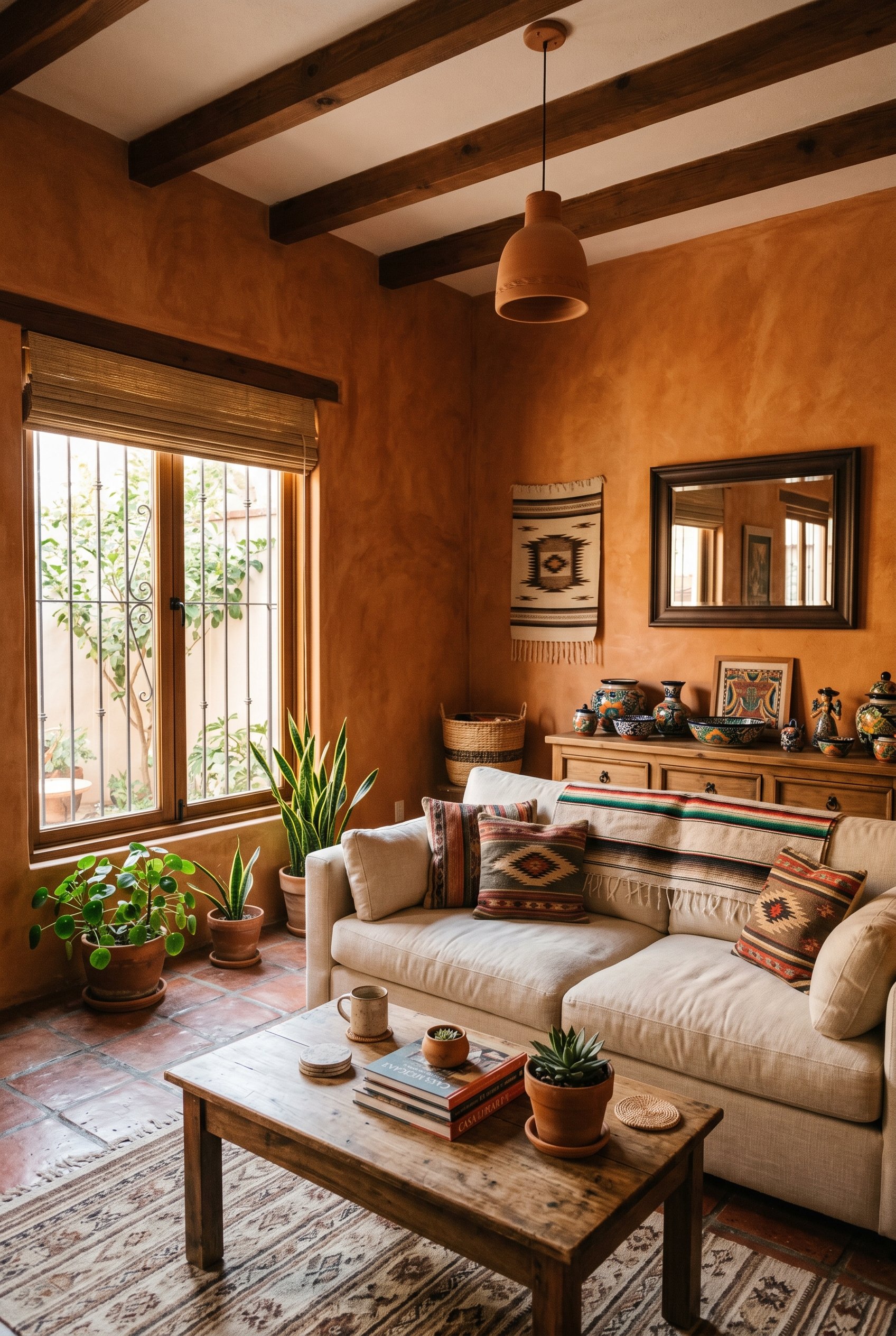 Photorealistic interior photo. Earthy limewash walls in burnt orange, rustic Mexican style, warm natural sunlight. Editorial photography style, wide angle, no people visible.
