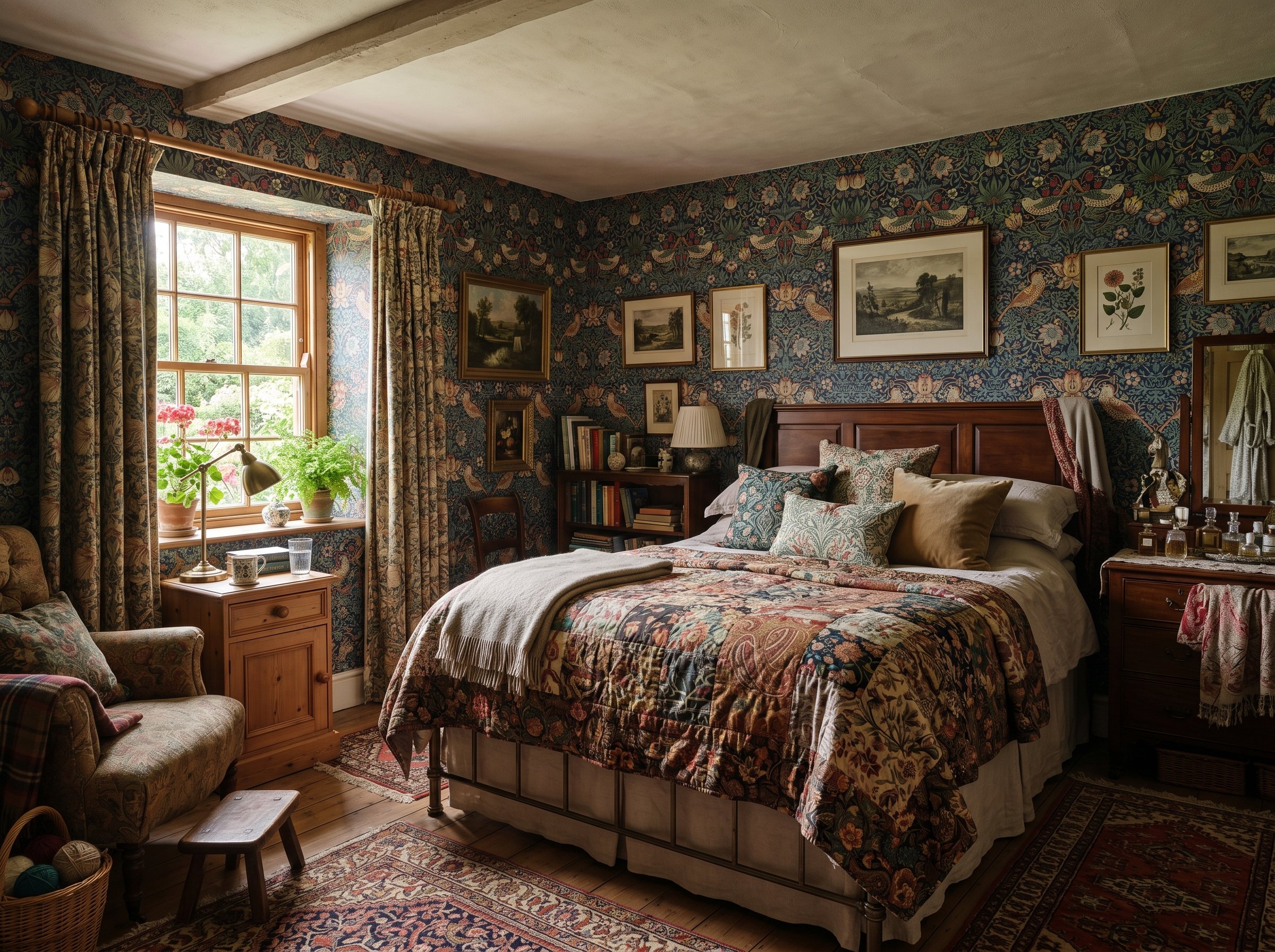 Photorealistic interior photo. English Country bedroom, Morris & Co floral wallpaper, heavily patterned quilt on bed, cluttered but cozy, soft diffuse light, wide angle. Editorial photography style, n