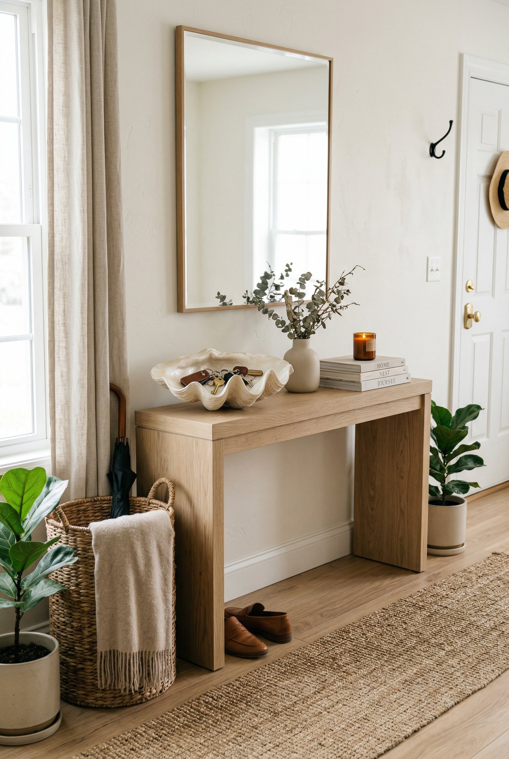 Photorealistic interior photo. Entryway console table featuring a large resin clam shell bowl holding keys, light wood surface, bright natural lighting, eye-level angle. Editorial photography style, n