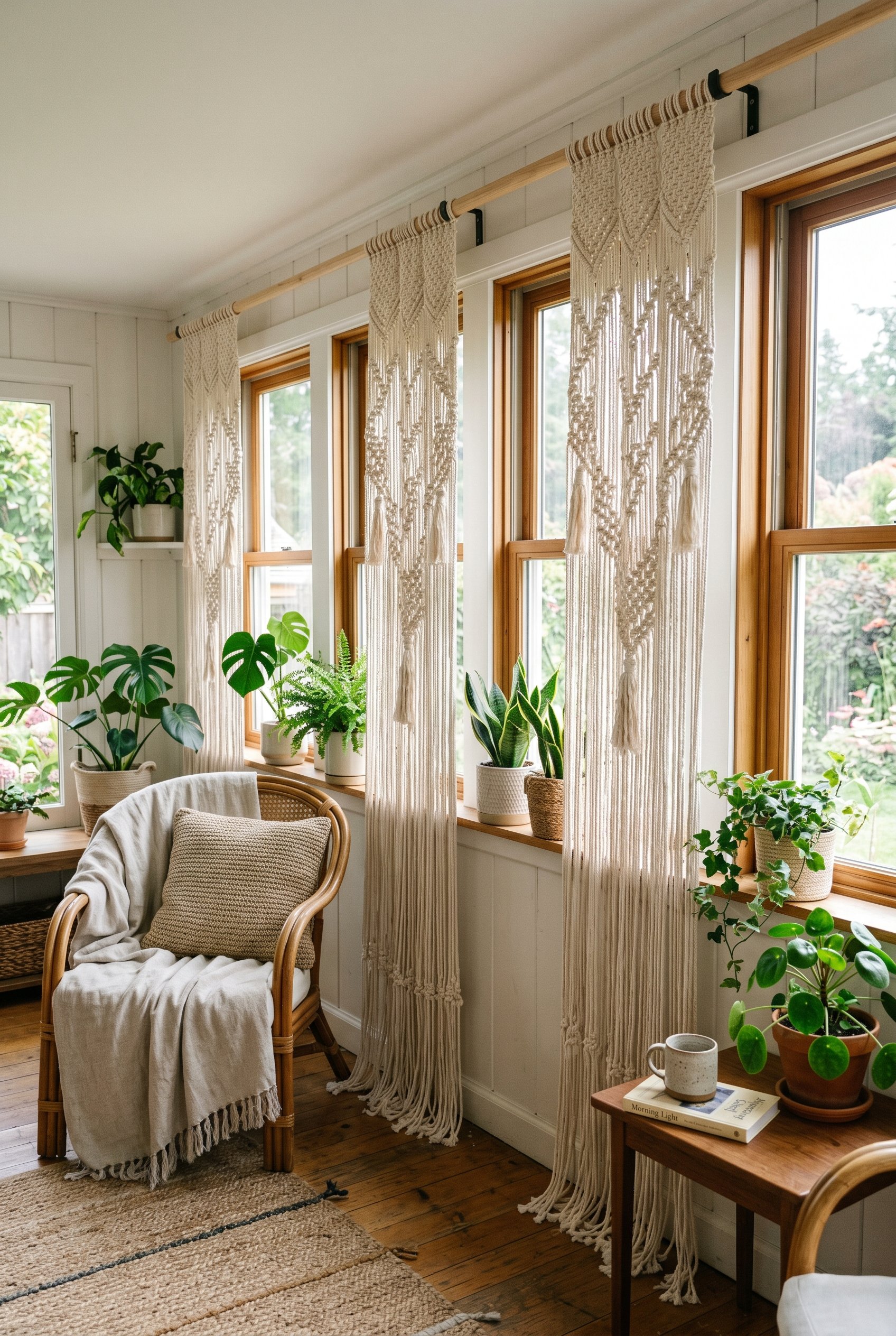 Photorealistic interior photo. Extra-long, tightly woven macramé curtain panels hanging over bright sunroom windows, diffusing harsh light, airy neutral color palette. Editorial photography style, no 