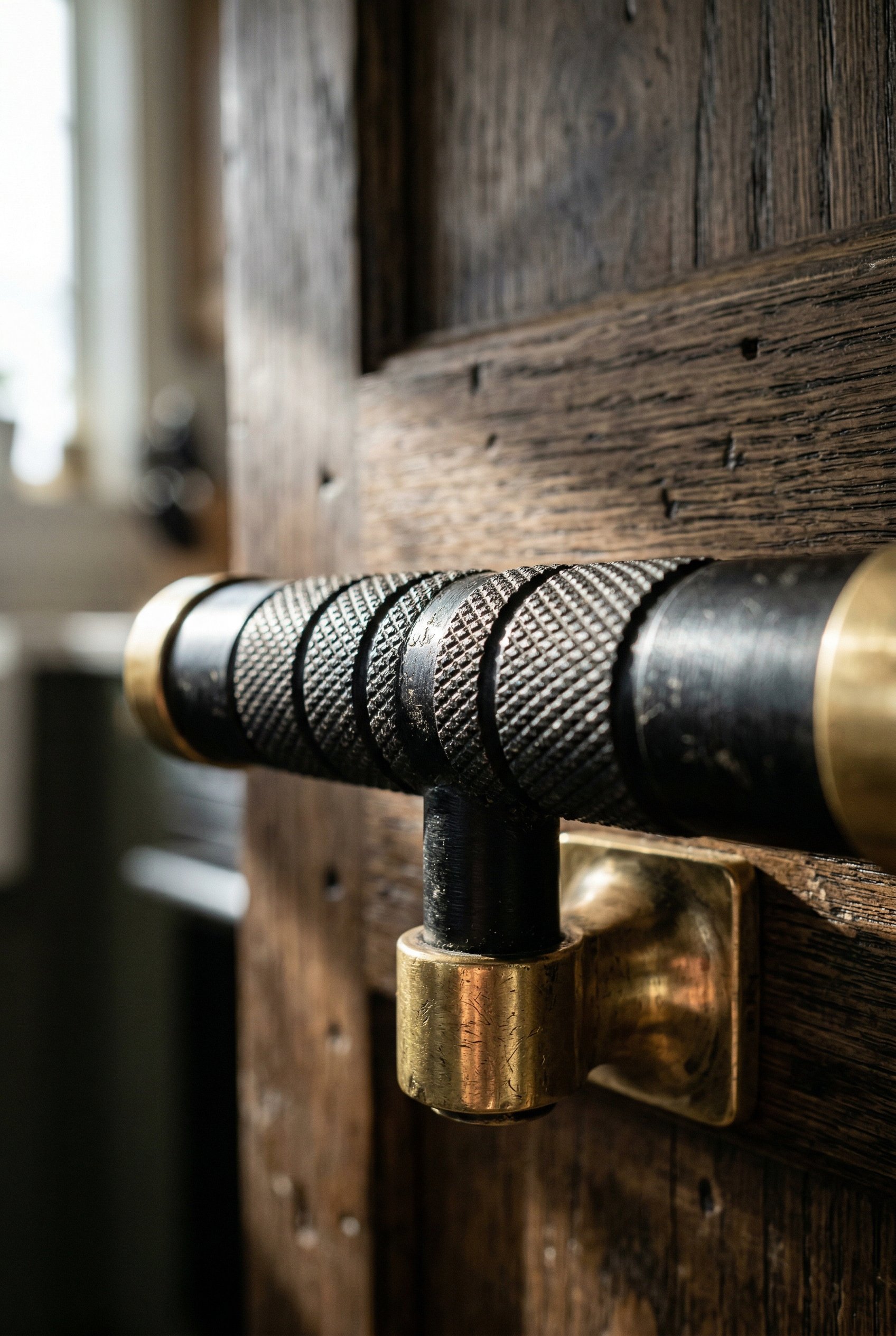 Photorealistic interior photo. Extreme close-up of a heavy knurled black and brass cabinet handle, showing deep textured ridges. Directional sunlight highlighting the metal texture, macro angle. Edito