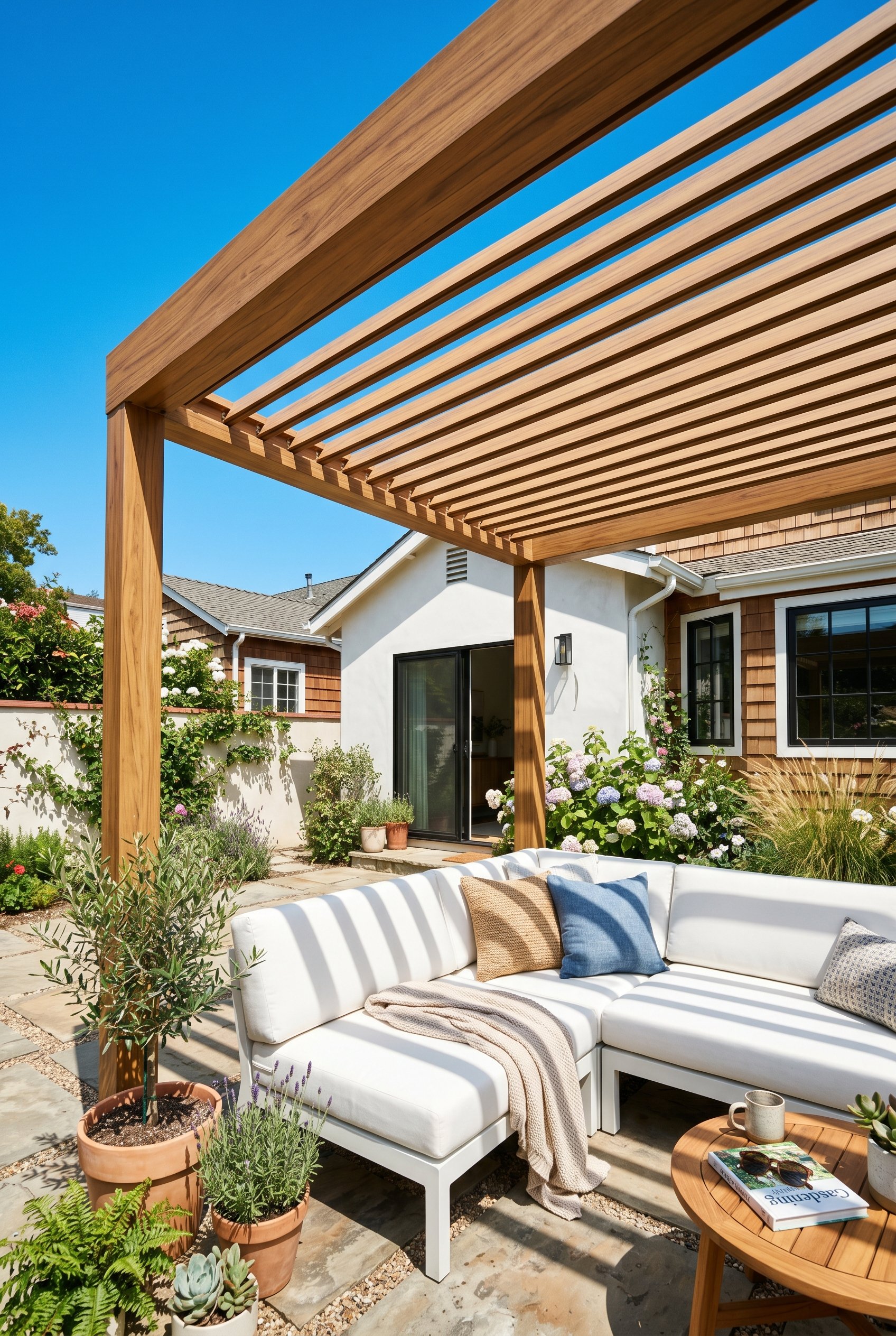Photorealistic interior photo. Faux wood-grain aluminum pergola looking like natural teak, modern white outdoor sofa below, clear blue sky, sharp shadows, low camera angle. Editorial photography style