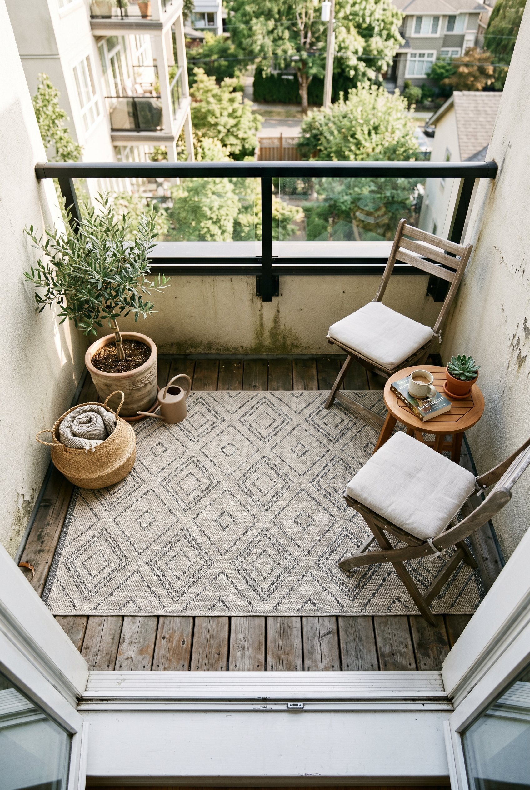 Photorealistic interior photo. Flat lay angle of a small balcony featuring a durable woven polypropylene outdoor rug with a subtle geometric pattern in light beige and charcoal. Sunny lighting. Editor