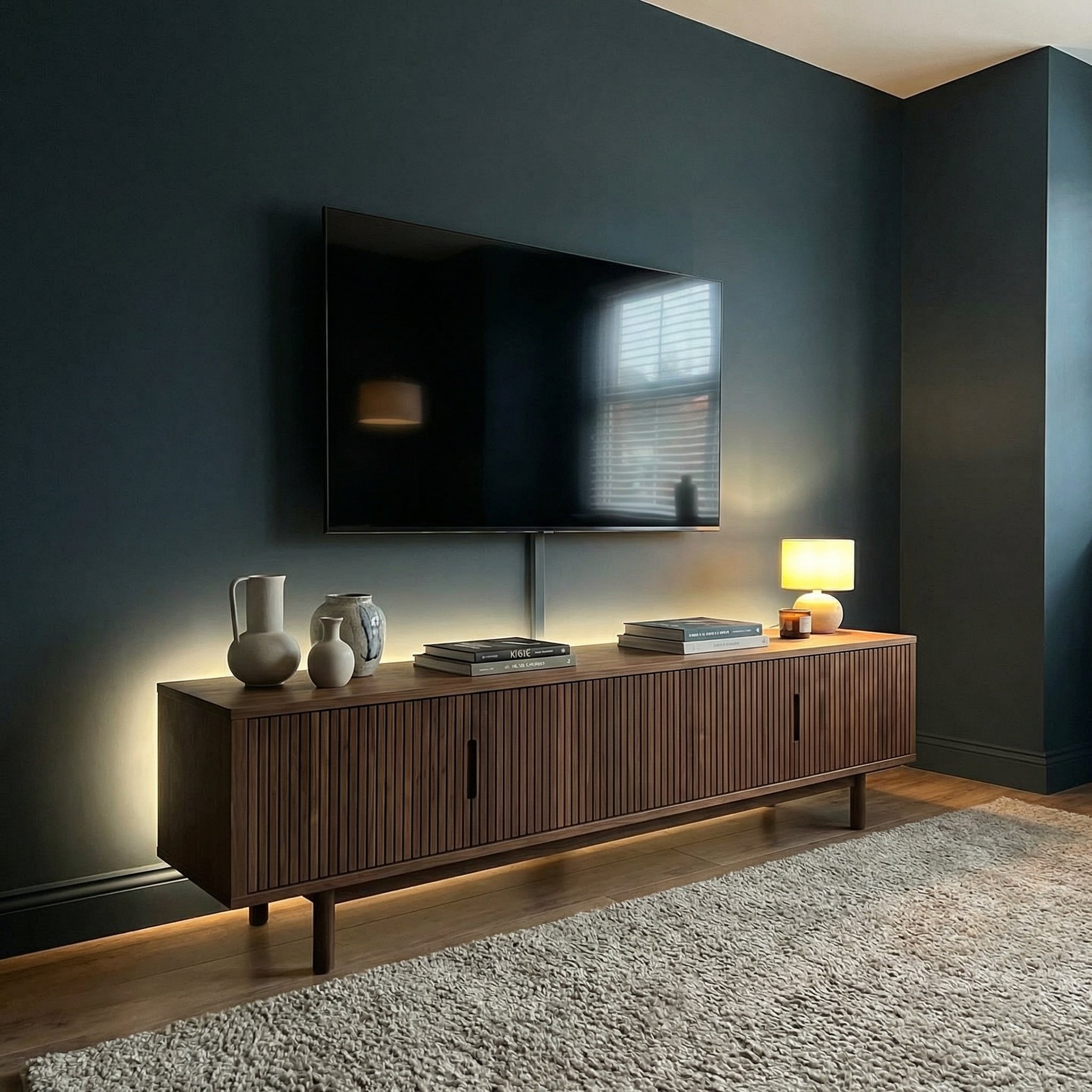 Photorealistic interior photo. Flat screen TV mounted on a wall painted dark Farrow & Ball Hague Blue, modern wood media console below, dim ambient light. Editorial photography style, no people visibl