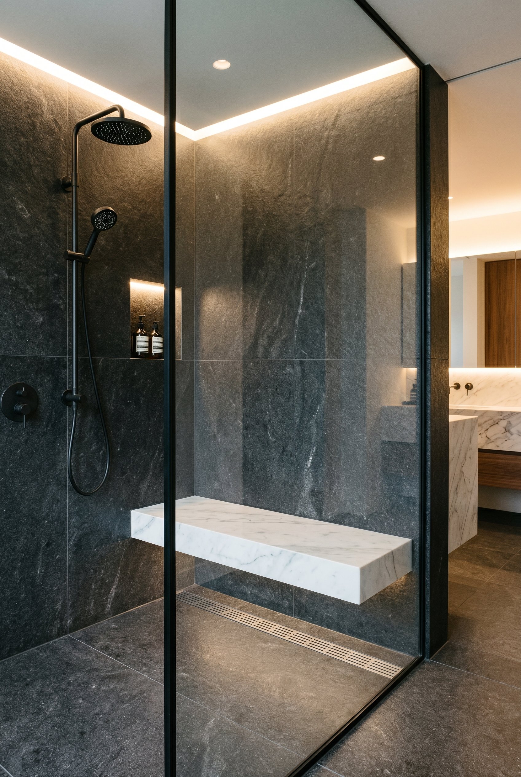 Photorealistic interior photo. Floating white marble bench built seamlessly into a dark stone shower wall, sleek architectural lines, bright recessed shower light, medium angle shot. Editorial photogr