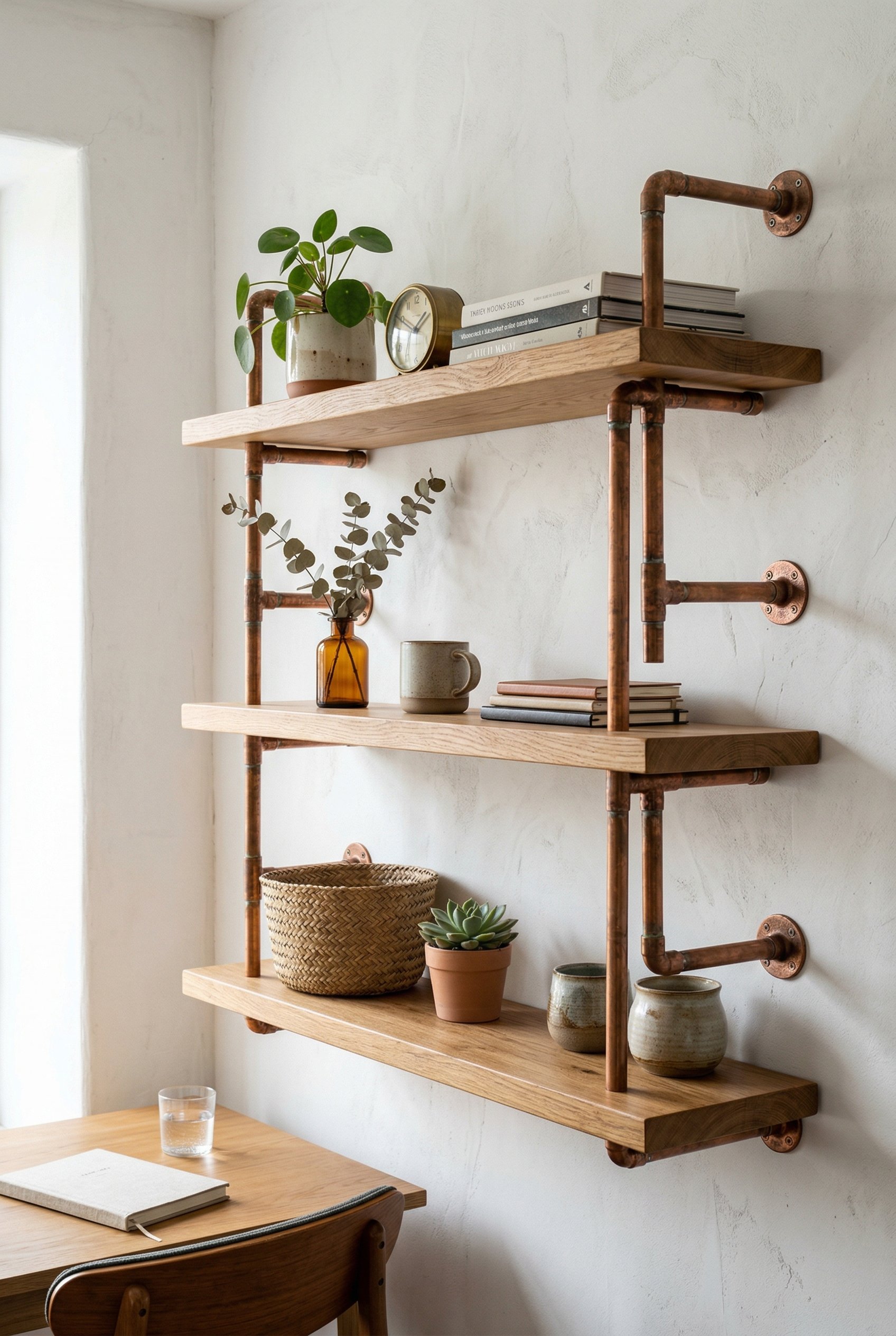 Photorealistic interior photo. Floating white oak shelves supported by raw industrial copper pipe brackets against a white plaster wall, bright daylight, slightly angled shot. Editorial photography st