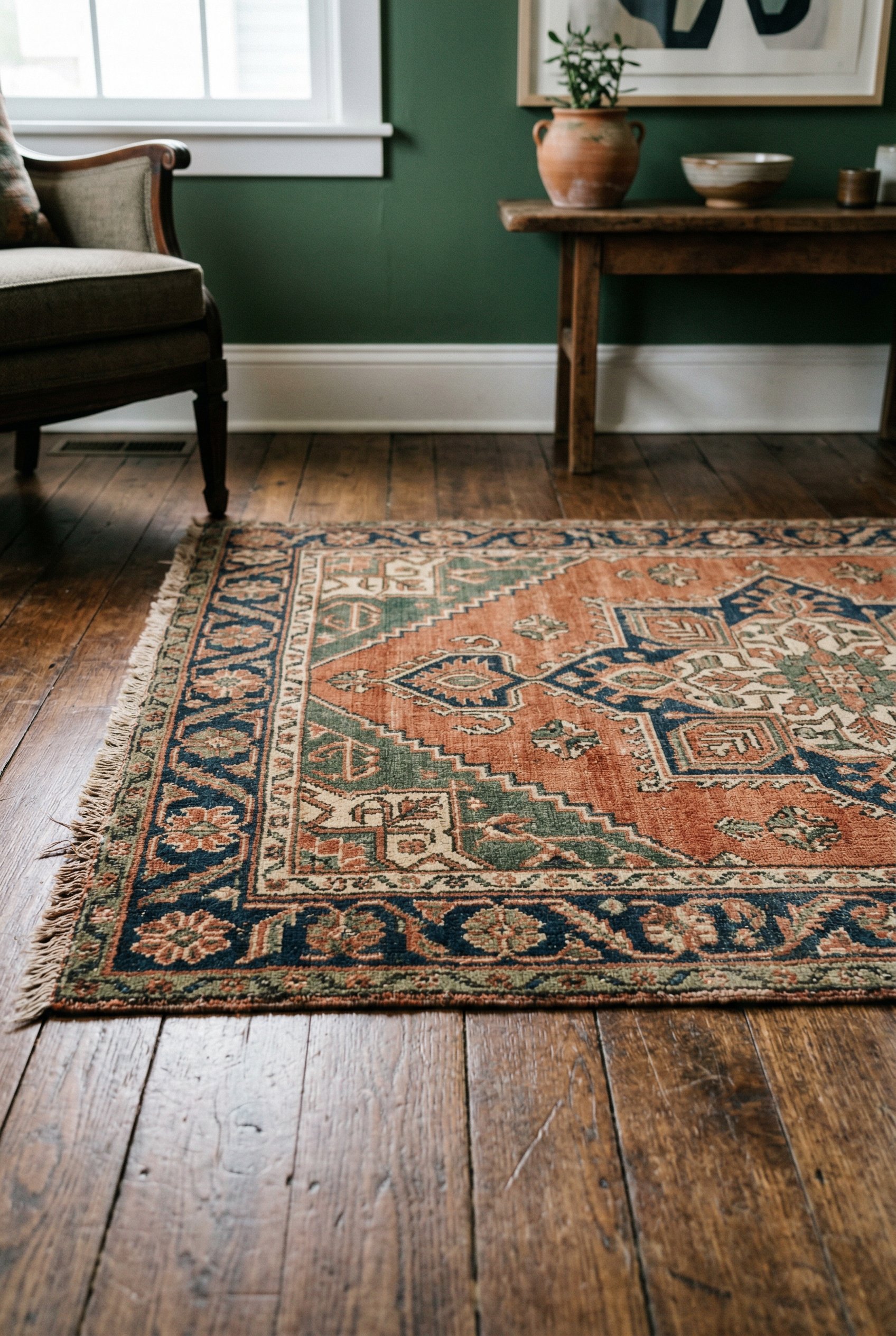 Photorealistic interior photo. Floor view of a vintage Turkish rug with terracotta, navy, and muted green tones sitting on a hardwood floor, edge of a forest green wall in the background. Editorial ph
