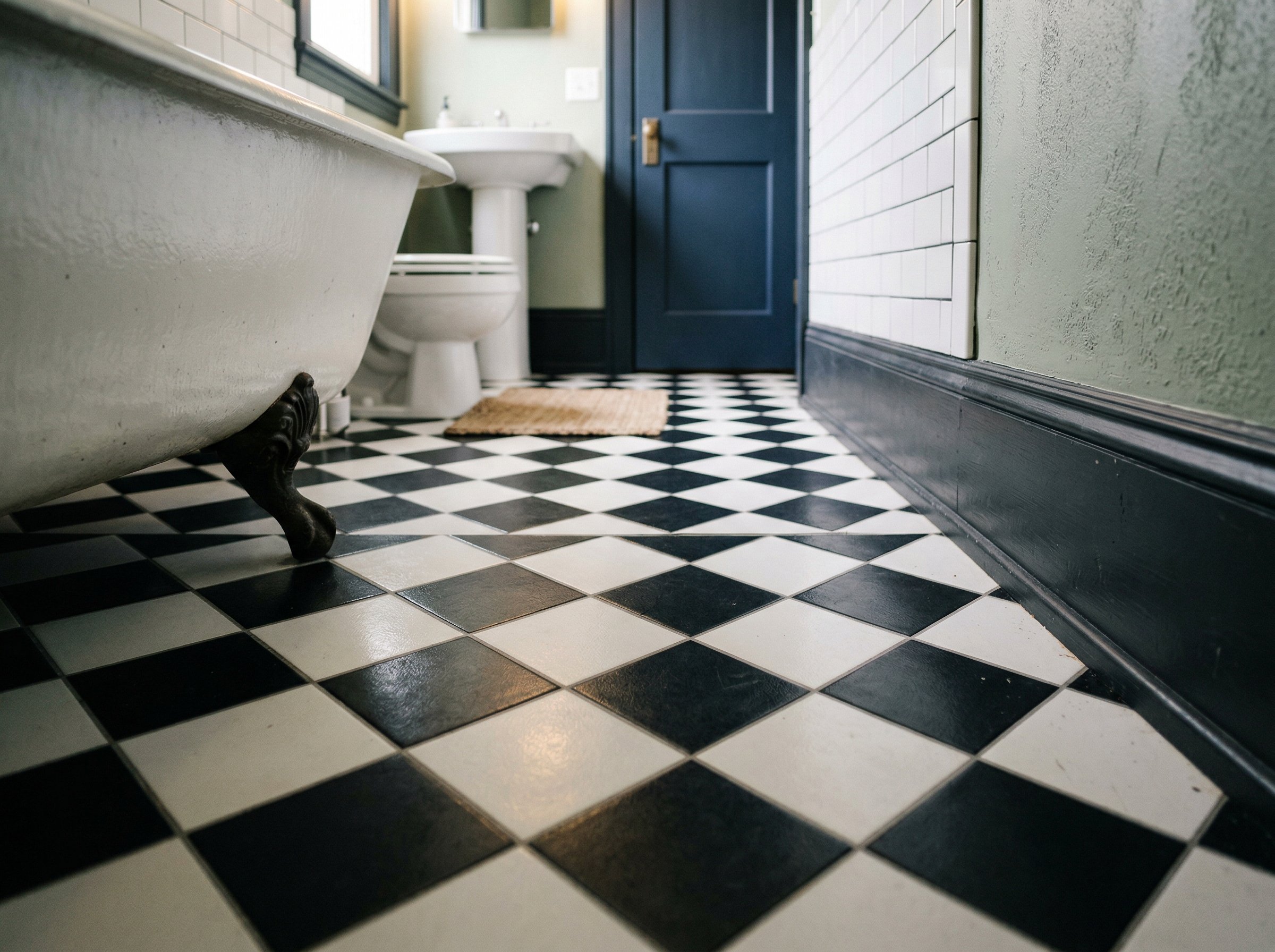 Photorealistic interior photo. Floor view of black and white checkerboard vinyl tiles laid on a diagonal in a small bathroom. Dark painted baseboards. Editorial photography style, low angle, no people