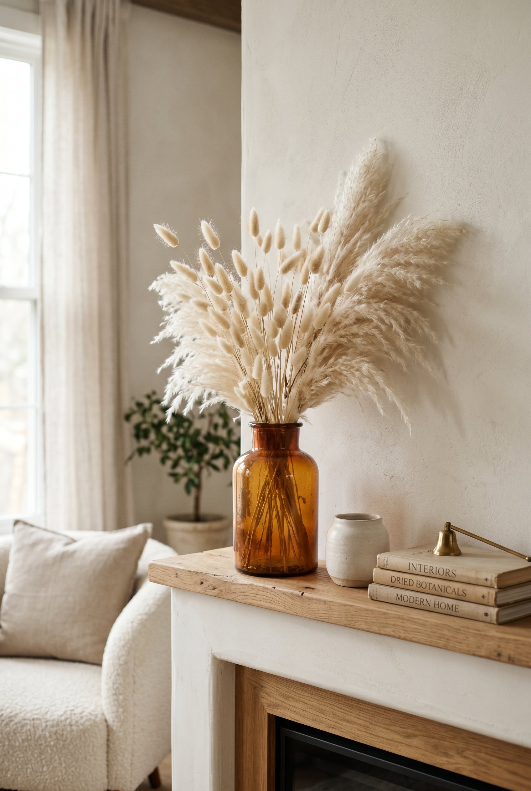 Photorealistic interior photo. Fluffy dried bunny tail grasses and bleached pampas grass styled casually in an amber glass apothecary bottle on a modern mantel. Soft, diffused natural light. Editorial