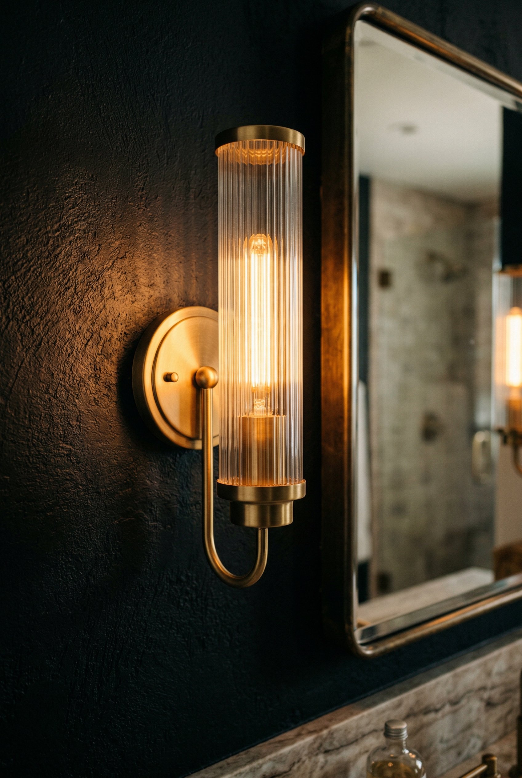 Photorealistic interior photo. Fluted glass and brass wall sconce glowing with warm 2700K light, mounted on a textured black wall beside a mirror. Editorial photography style, close up angle, no peopl