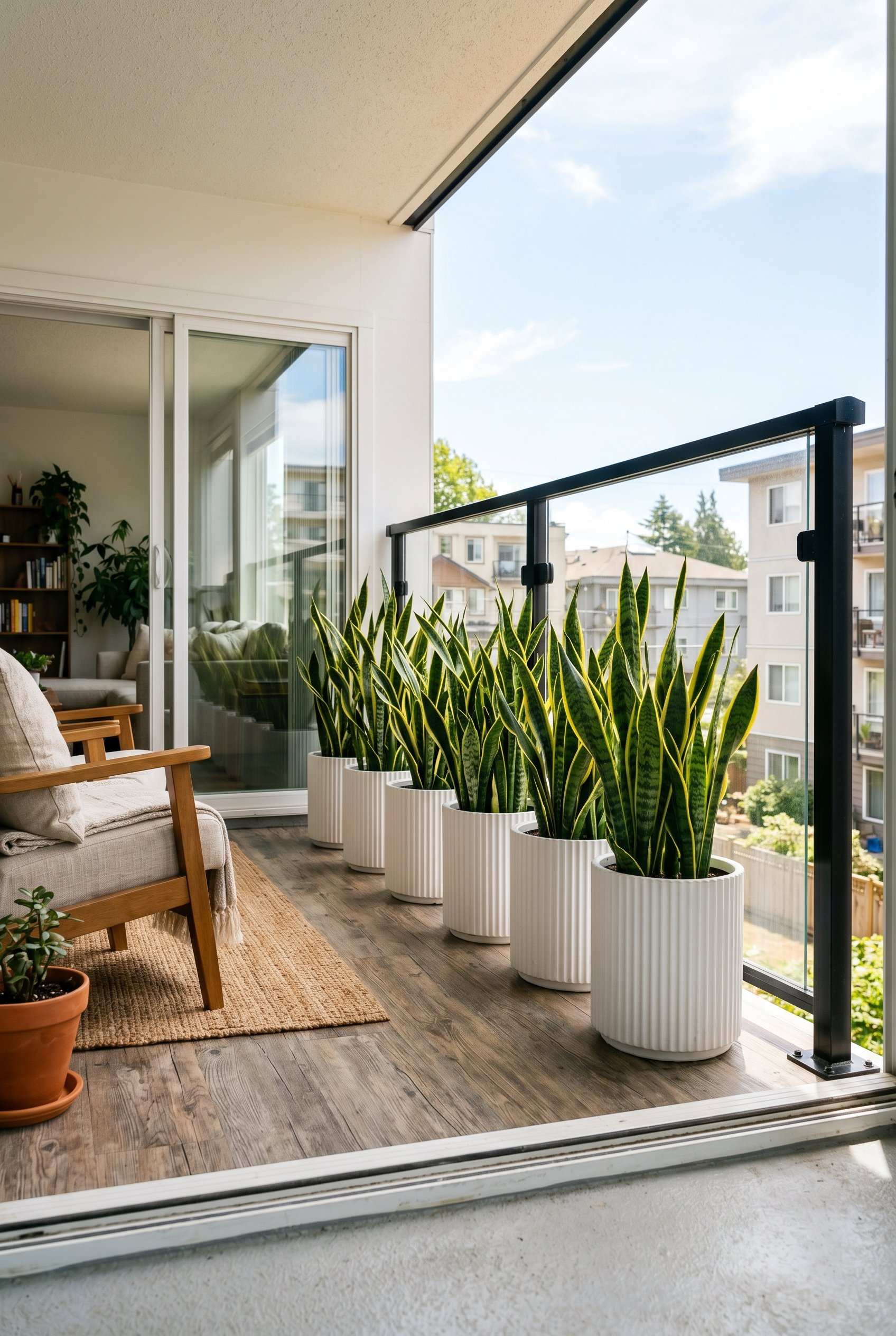 Photorealistic interior photo. Fluted white fiberglass planters lined against a glass balcony railing, filled with tall snake plants, midday sunlight, low camera angle. Editorial photography style, no