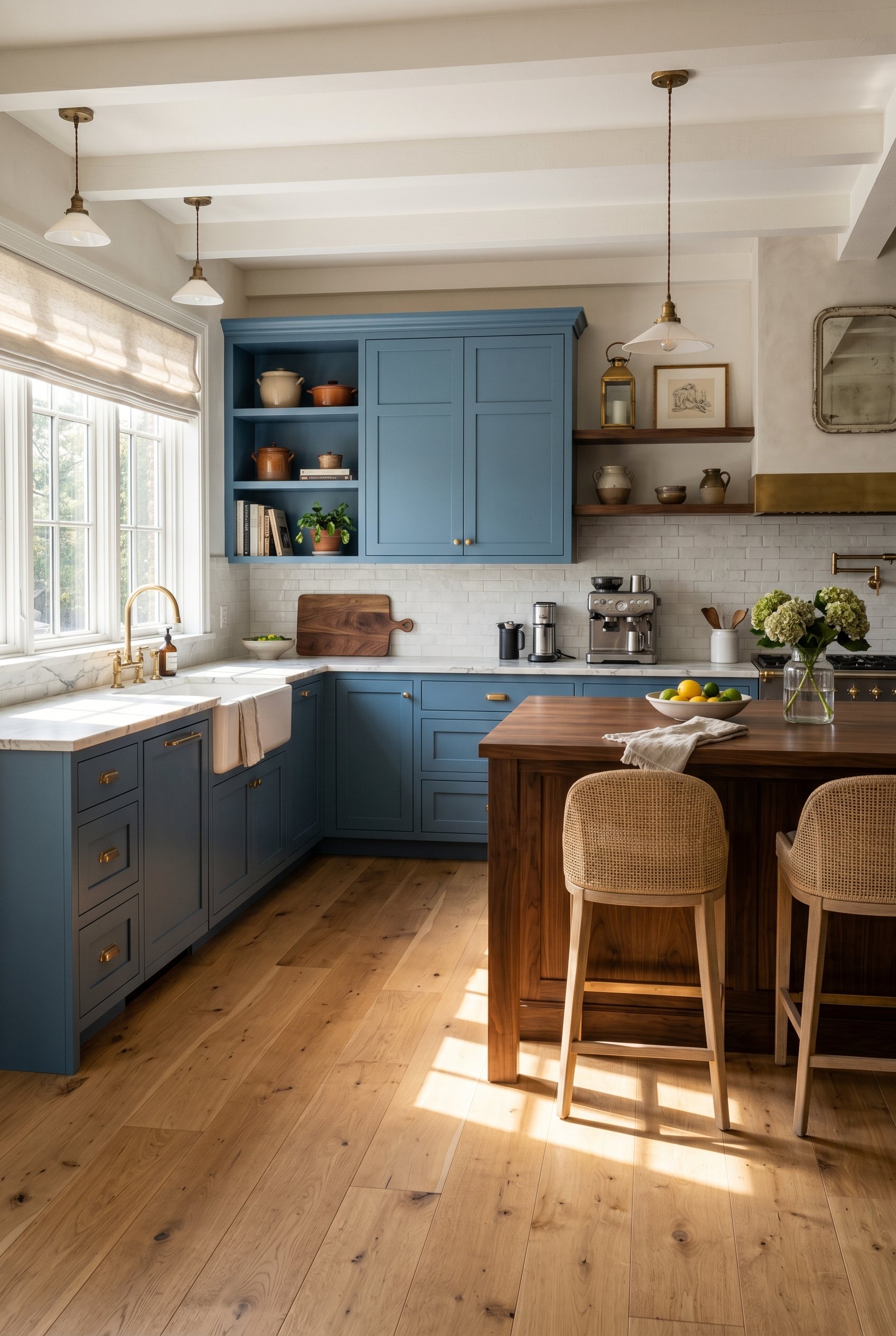 Photorealistic interior photo. French blue kitchen cabinets paired with wide plank white oak flooring and walnut accents. Sunlight streaming across the floor. Editorial style, no people visible.