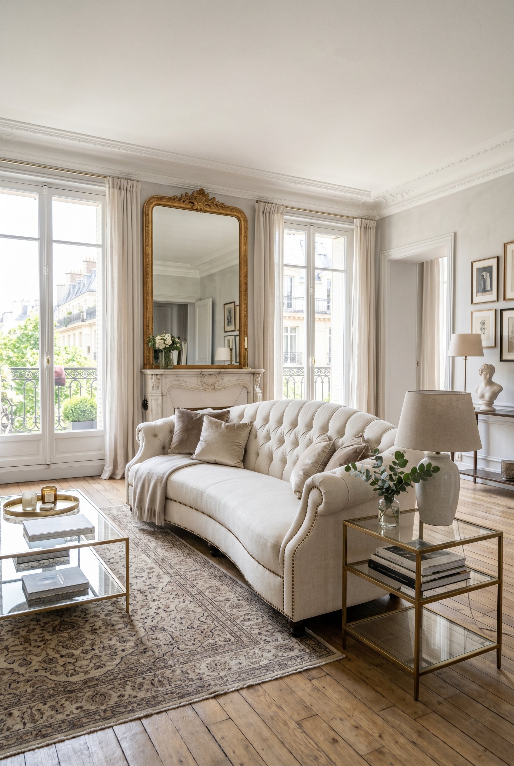 Photorealistic interior photo. French-inspired curved camelback sofa, highly detailed tufted upholstery, sleek modern brass side tables, bright daylight, wide camera angle. Editorial photography style