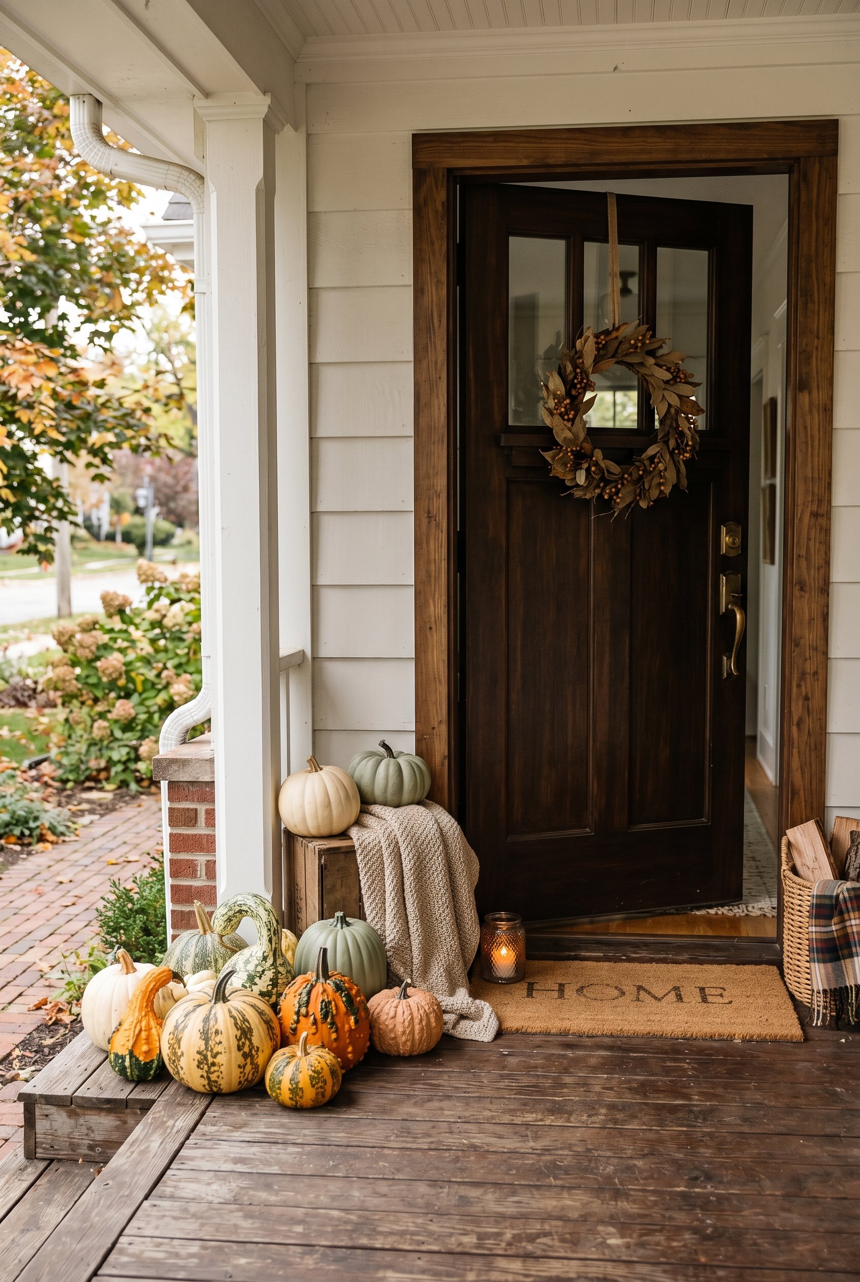 Photorealistic interior photo. Front porch setting, mix of real heirloom gourds and matte resin faux pumpkins clustered by a dark wood front door. Natural daylight, editorial photography style, no peo