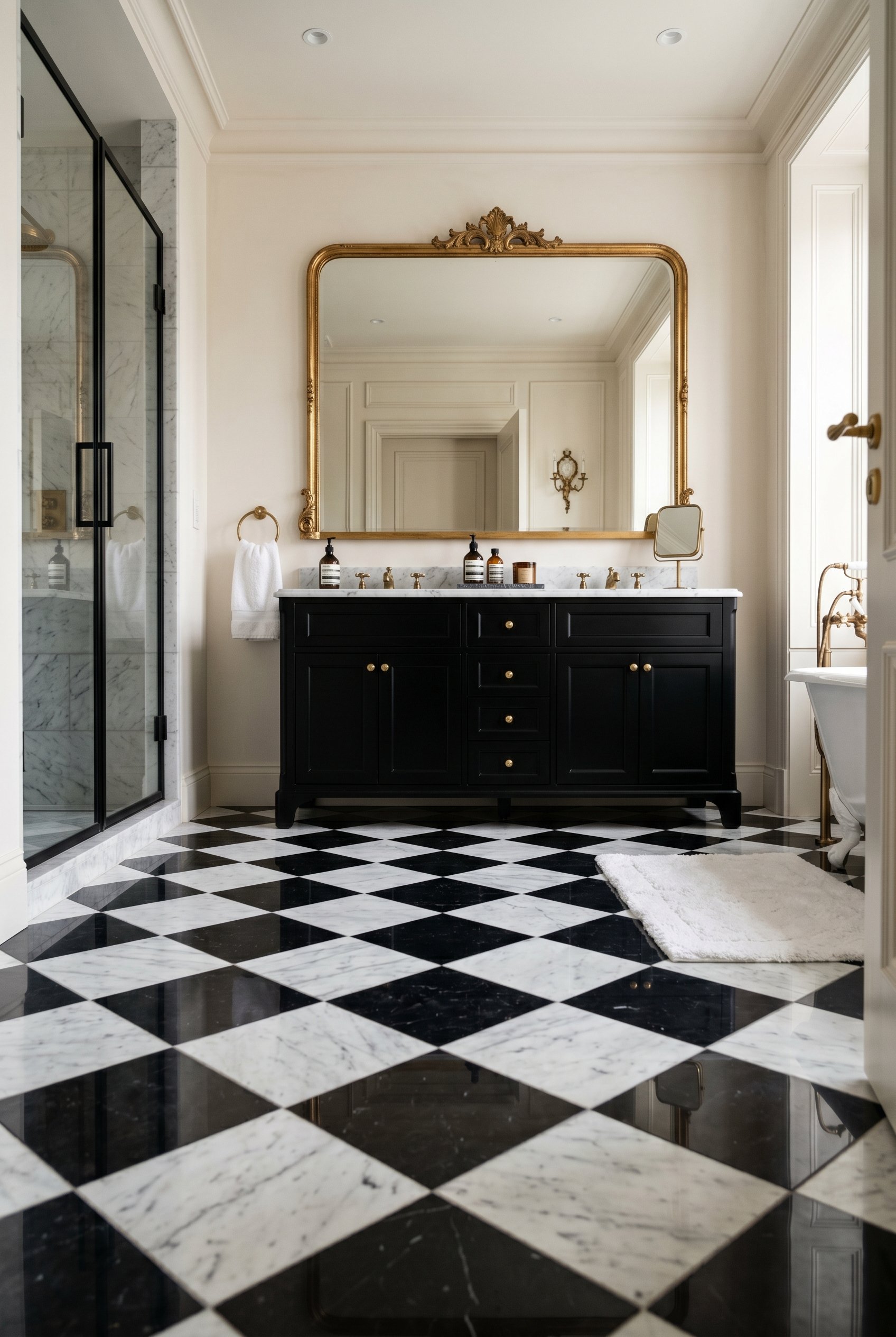 Photorealistic interior photo. Glamorous bathroom floor featuring a classic black and white marble checkerboard pattern, deep contrast, soft diffused overhead lighting, low angle shot looking toward a