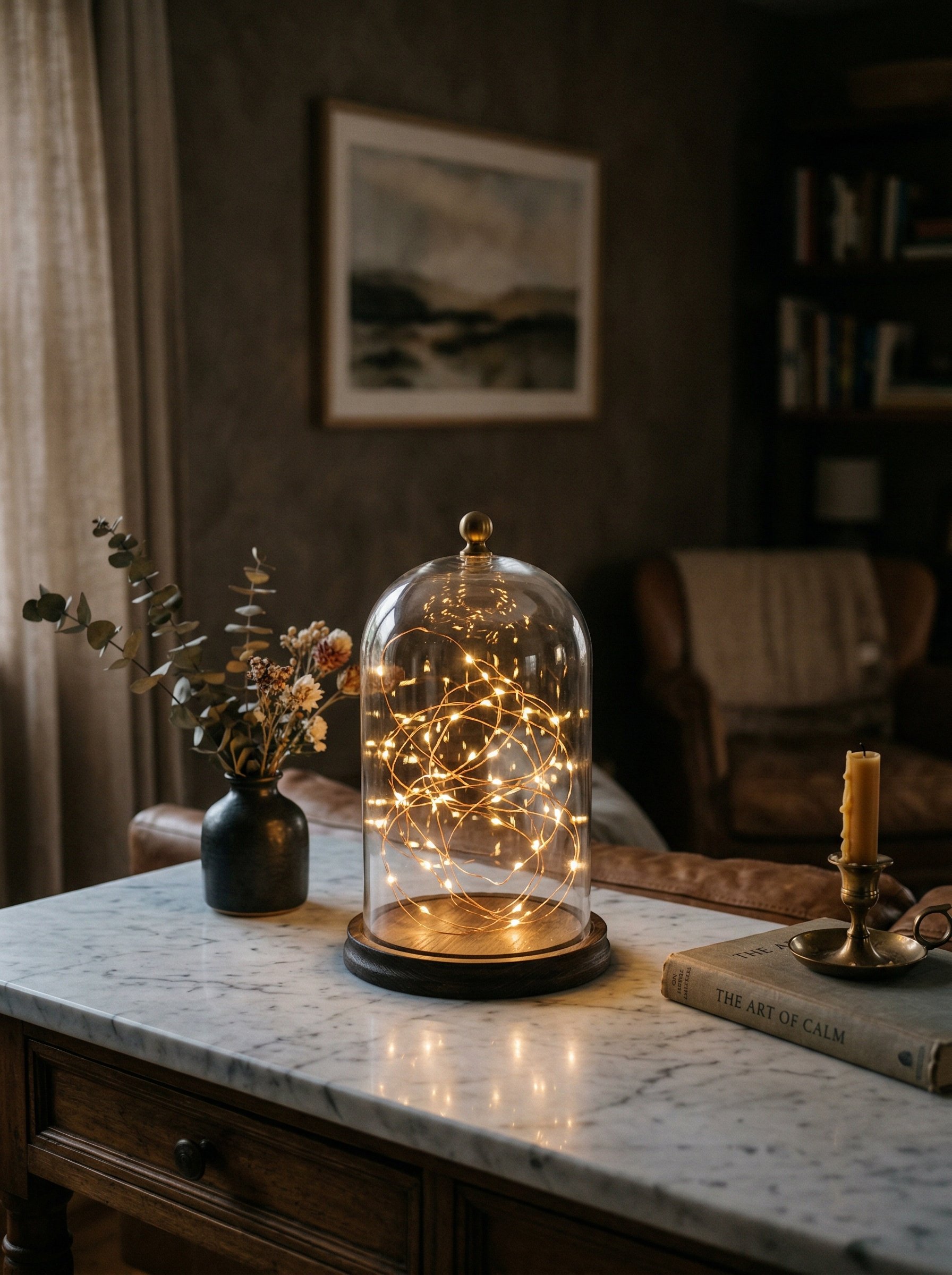 Photorealistic interior photo. Glass cloche illuminated from within by delicate warm copper fairy lights, resting on a marble surface, dim ambient lighting, soft shadows, eye-level camera angle. Edito