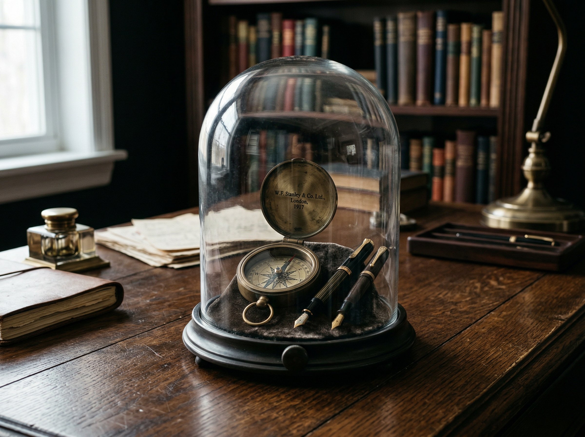 Photorealistic interior photo. Glass cloche on a dark wood home office desk displaying a heavy brass compass and antique fountain pens, moody directional lighting, eye-level camera angle. Editorial ph