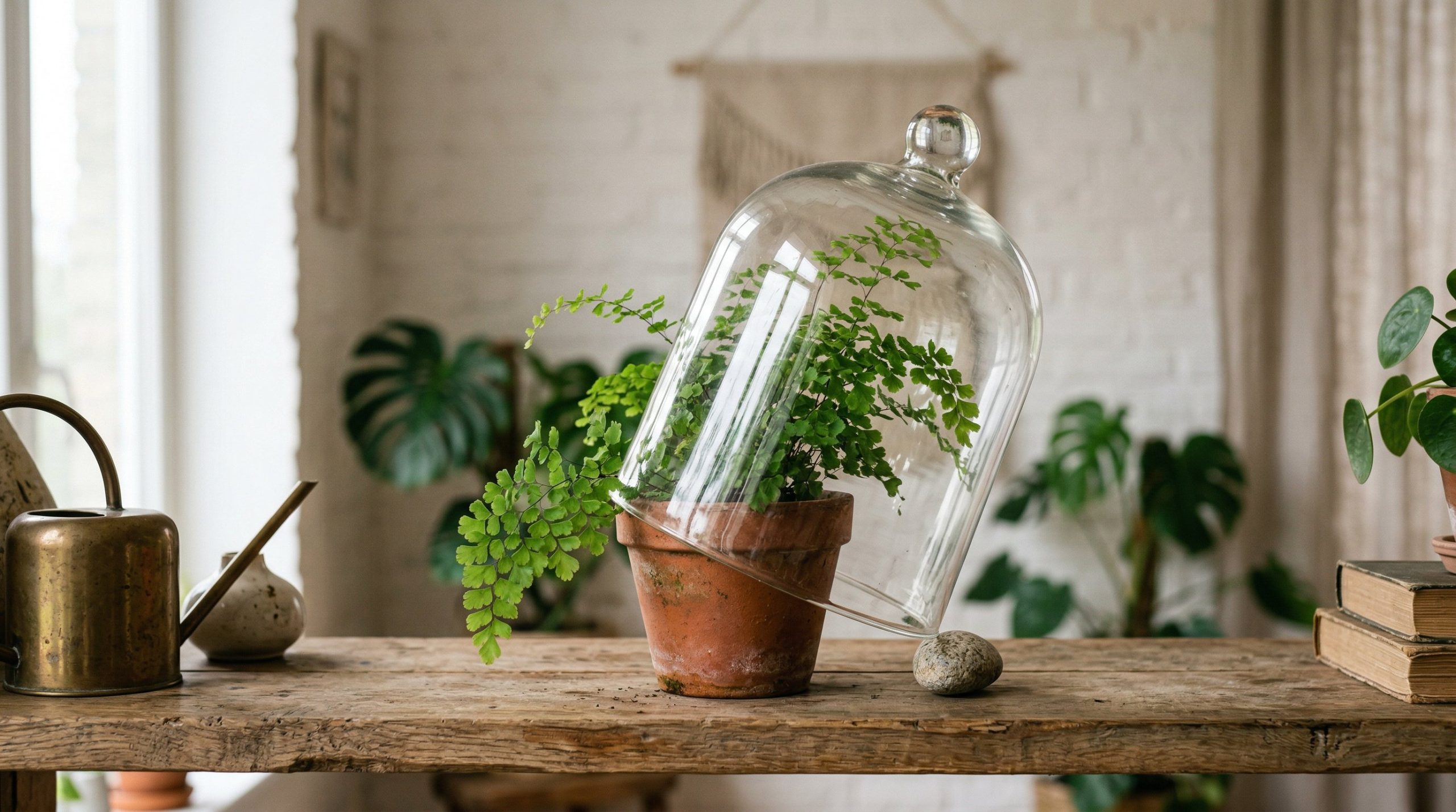 Photorealistic interior photo. Glass cloche propped slightly open with a tiny pebble over a maidenhair fern in a terracotta pot, soft diffused natural light, close-up camera angle. Editorial photograp