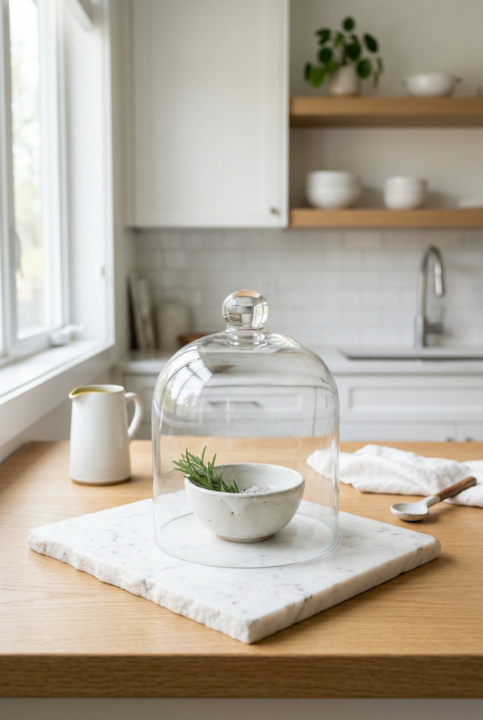Photorealistic interior photo. Glass cloche resting directly on a white marble cheese board instead of a wooden base, containing a small ceramic bowl, bright minimalist kitchen setting, eye-level came