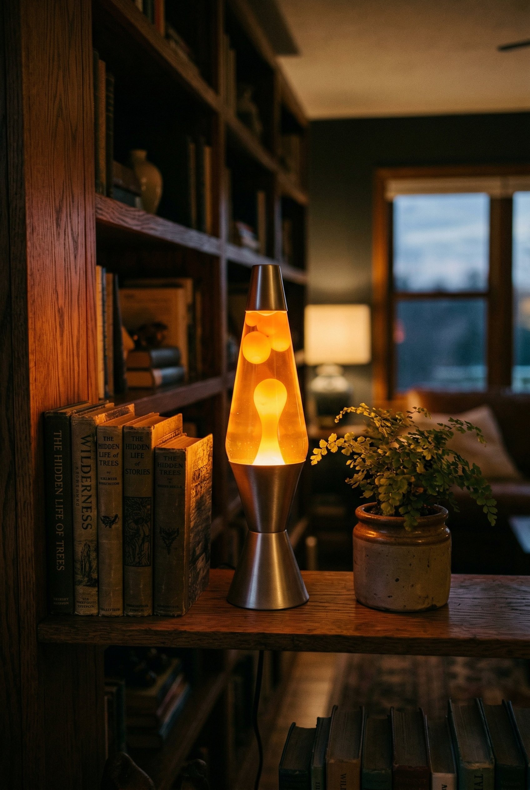 Photorealistic interior photo. Glowing orange lava lamp on a wooden bookshelf next to stacked books and a small fern, moody evening lighting, close-up shot. Editorial photography style, no people visi