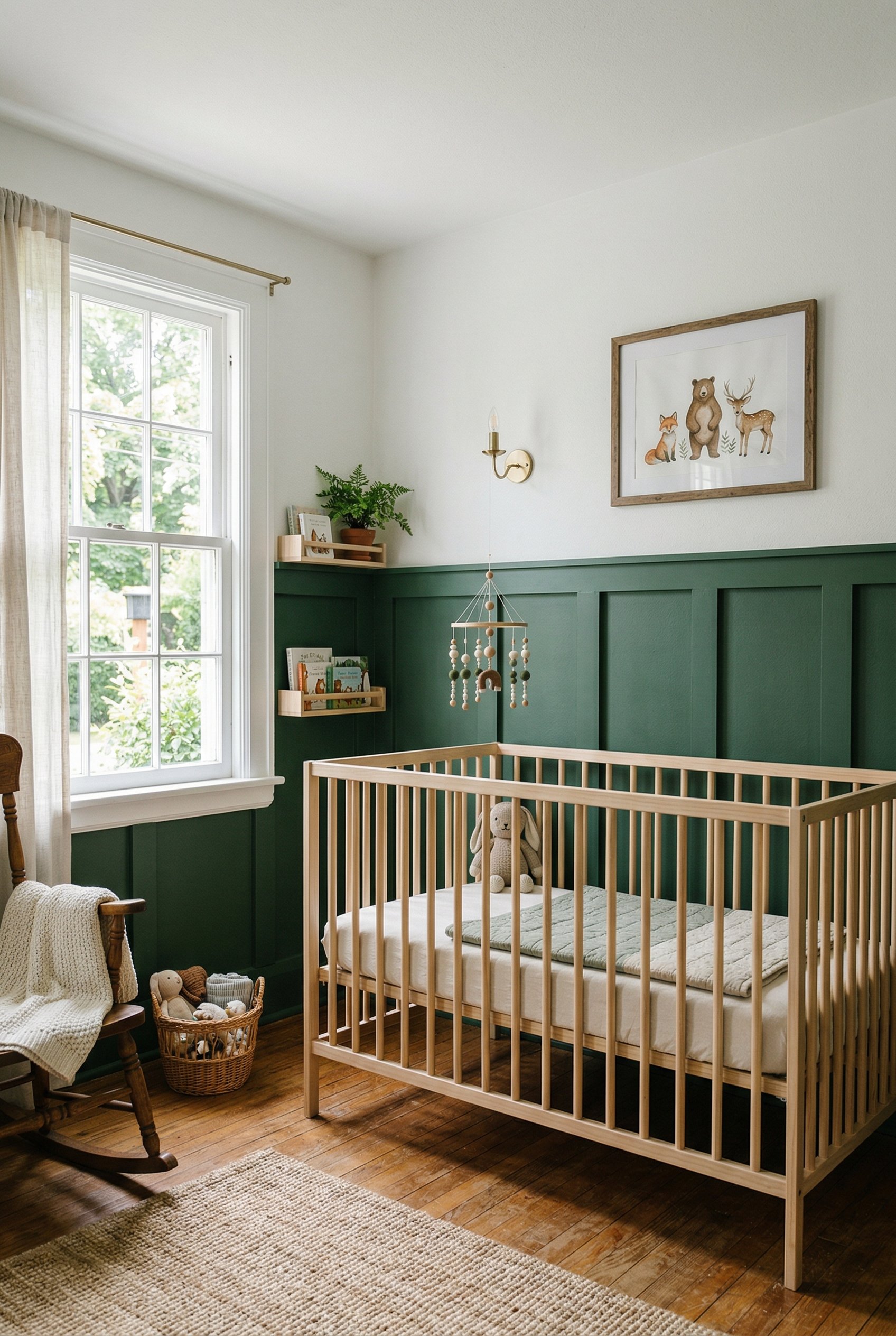 Photorealistic interior photo. Half-wall board and batten painted deep forest green, crisp white upper wall, simple wood crib sitting against it, natural window lighting. Editorial photography style, 