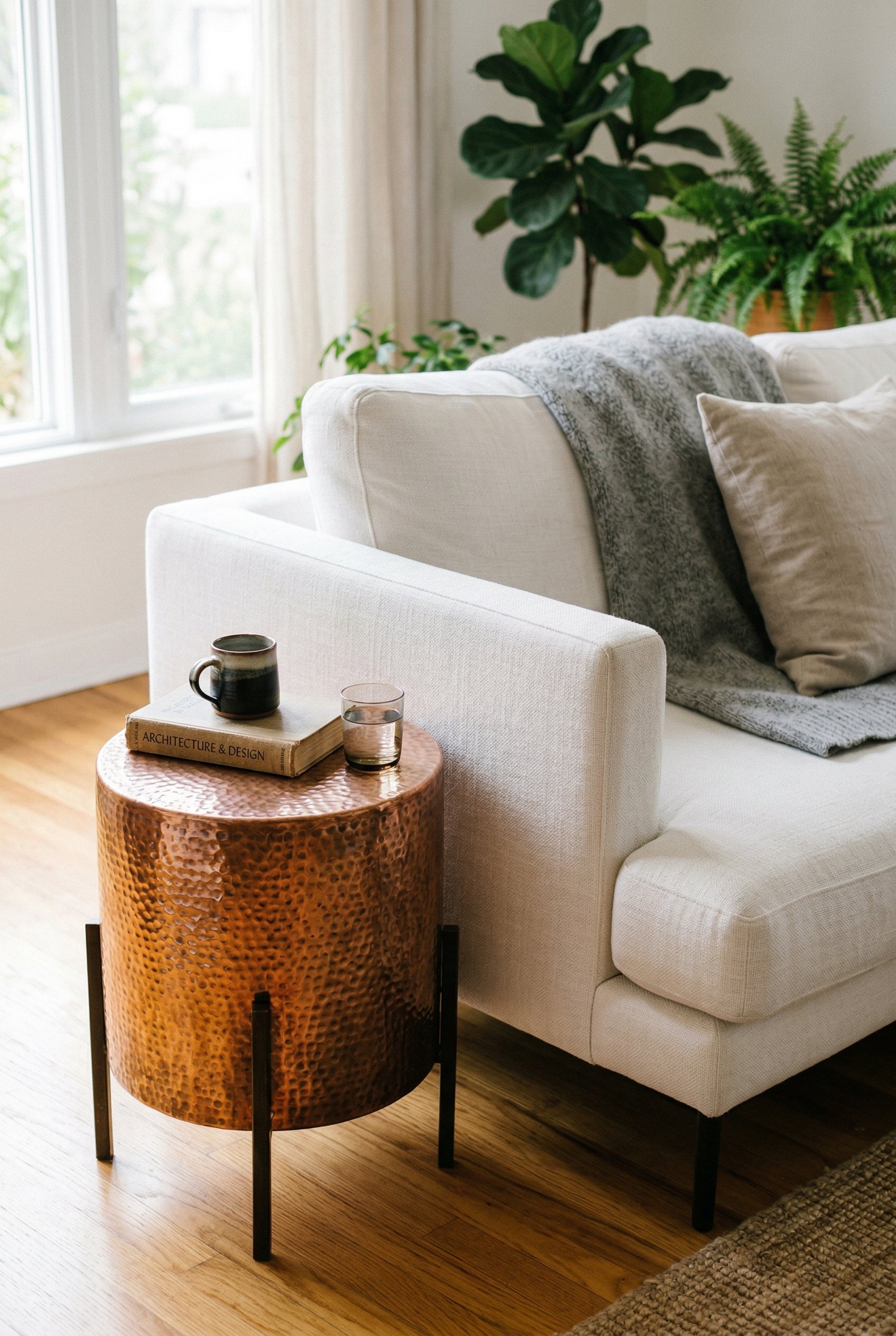 Photorealistic interior photo. Hammered copper side table placed next to a sleek, modern white linen sofa, soft daylight streaming from left, close-up angle. Editorial photography style, no people vis