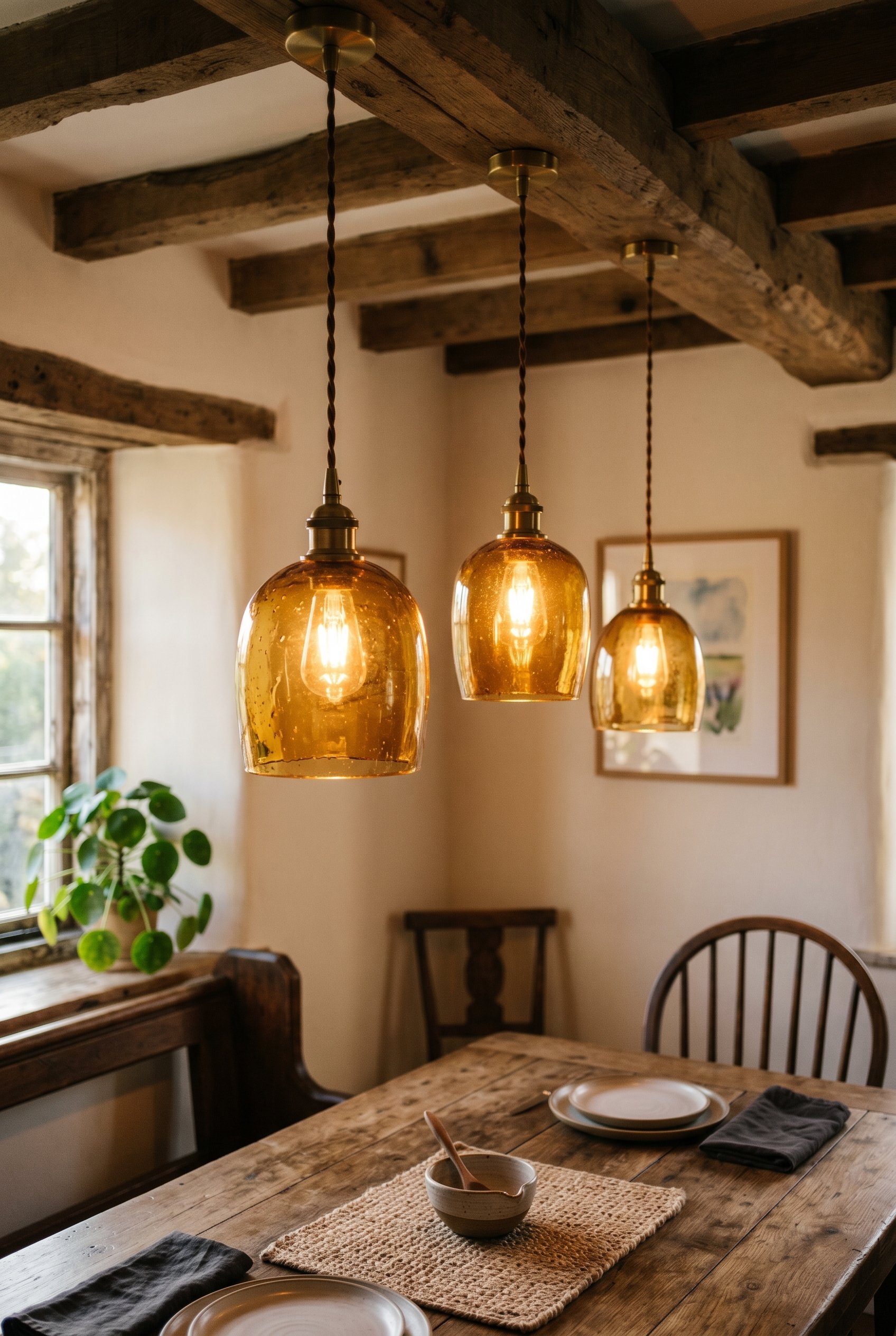 Photorealistic interior photo. Hand-blown amber glass pendant lights hanging in a rustic dining space, casting golden hour light. Low angle shot looking up. Editorial photography style, no people visi