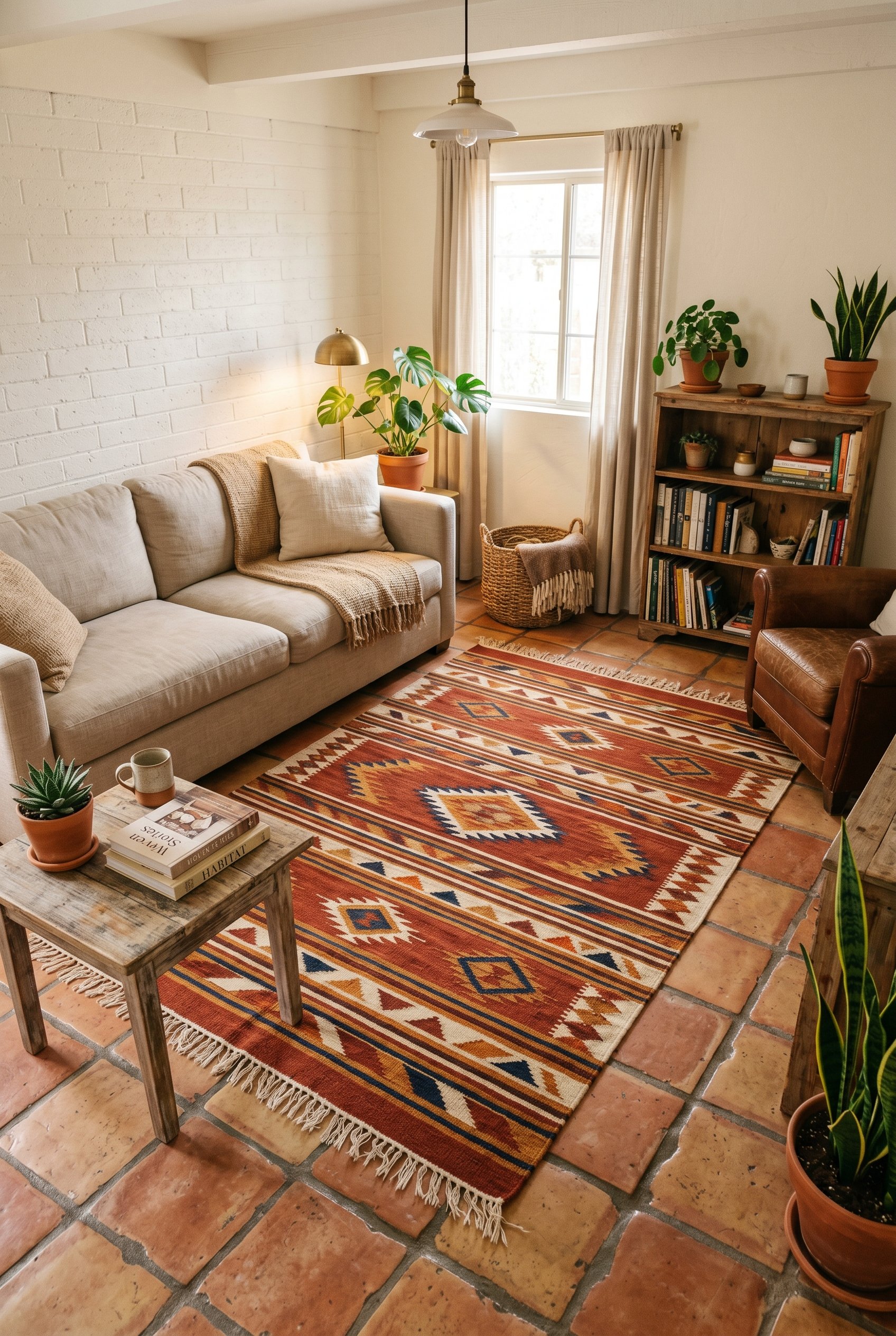 Photorealistic interior photo. Hand-loomed wool Zapotec rug with geometric red and ochre patterns on a Saltillo tile floor. Overhead angled shot, warm lighting. Editorial photography style, no people 