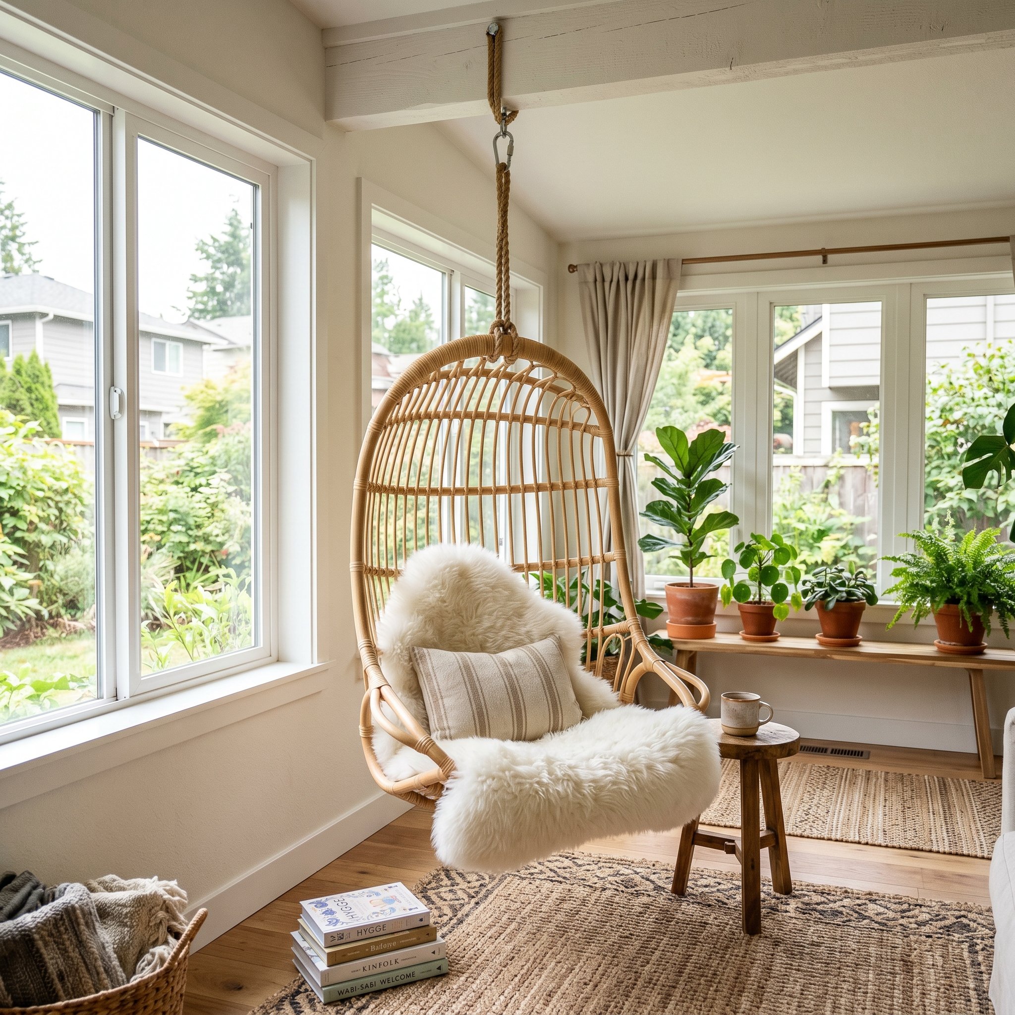 Photorealistic interior photo. Hanging rattan egg chair suspended from a ceiling joist in a sunroom, draped with a thick white sheepskin throw, bright natural lighting. Editorial photography style, no