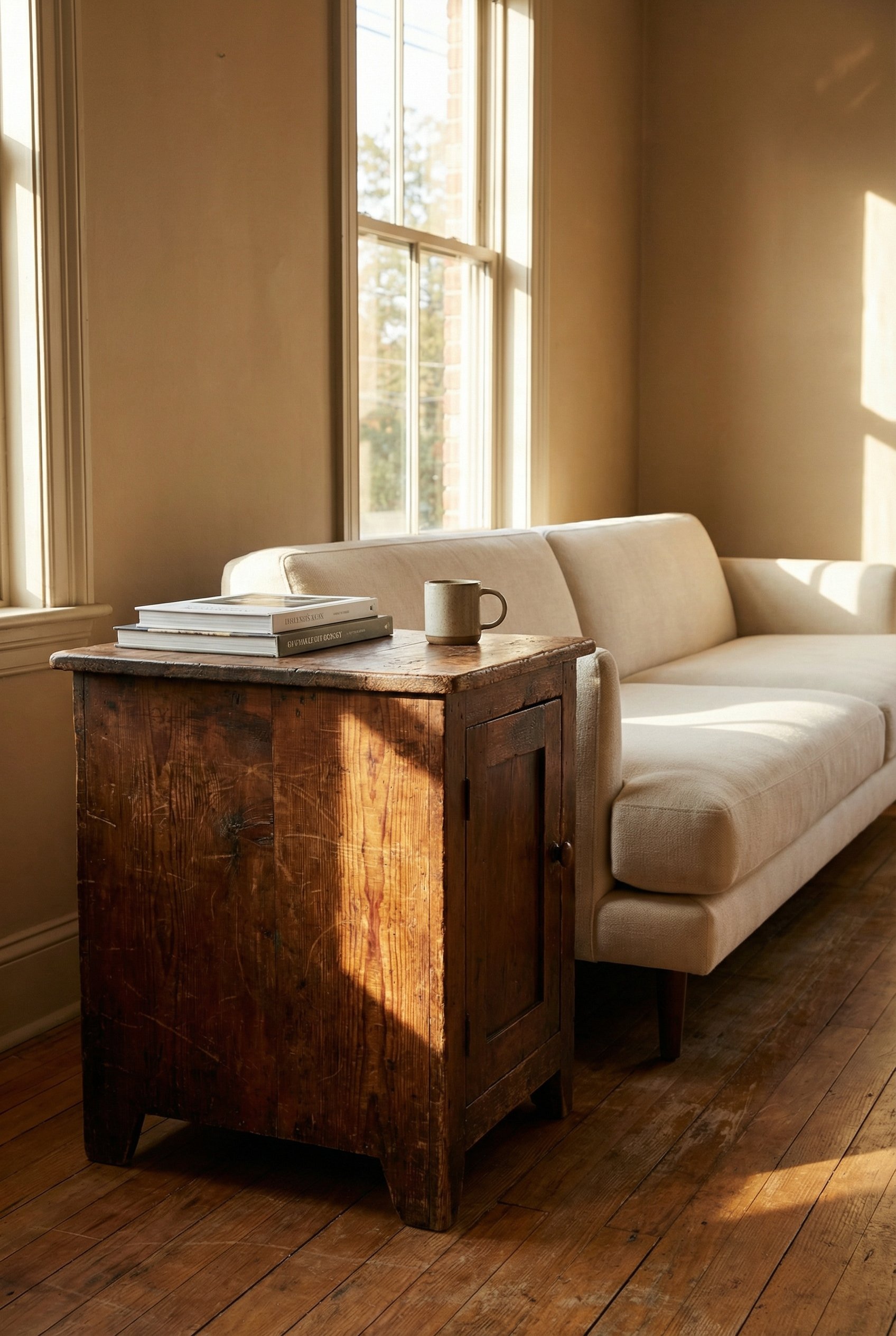 Photorealistic interior photo. Heavily scarred antique pine side table next to a sleek modern cream sofa, rich patina, sunlight hitting the wood texture. Editorial photography style, no people visible