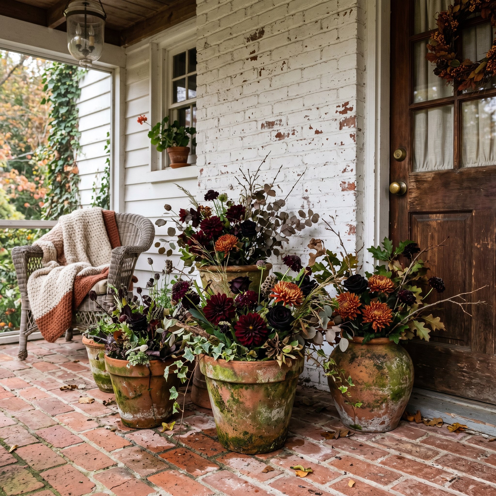 Photorealistic interior photo. Heavily weathered, mossy terracotta pots holding dark fall florals on a brick porch. Detailed texture of the aged pots, soft diffused daylight, editorial photography sty