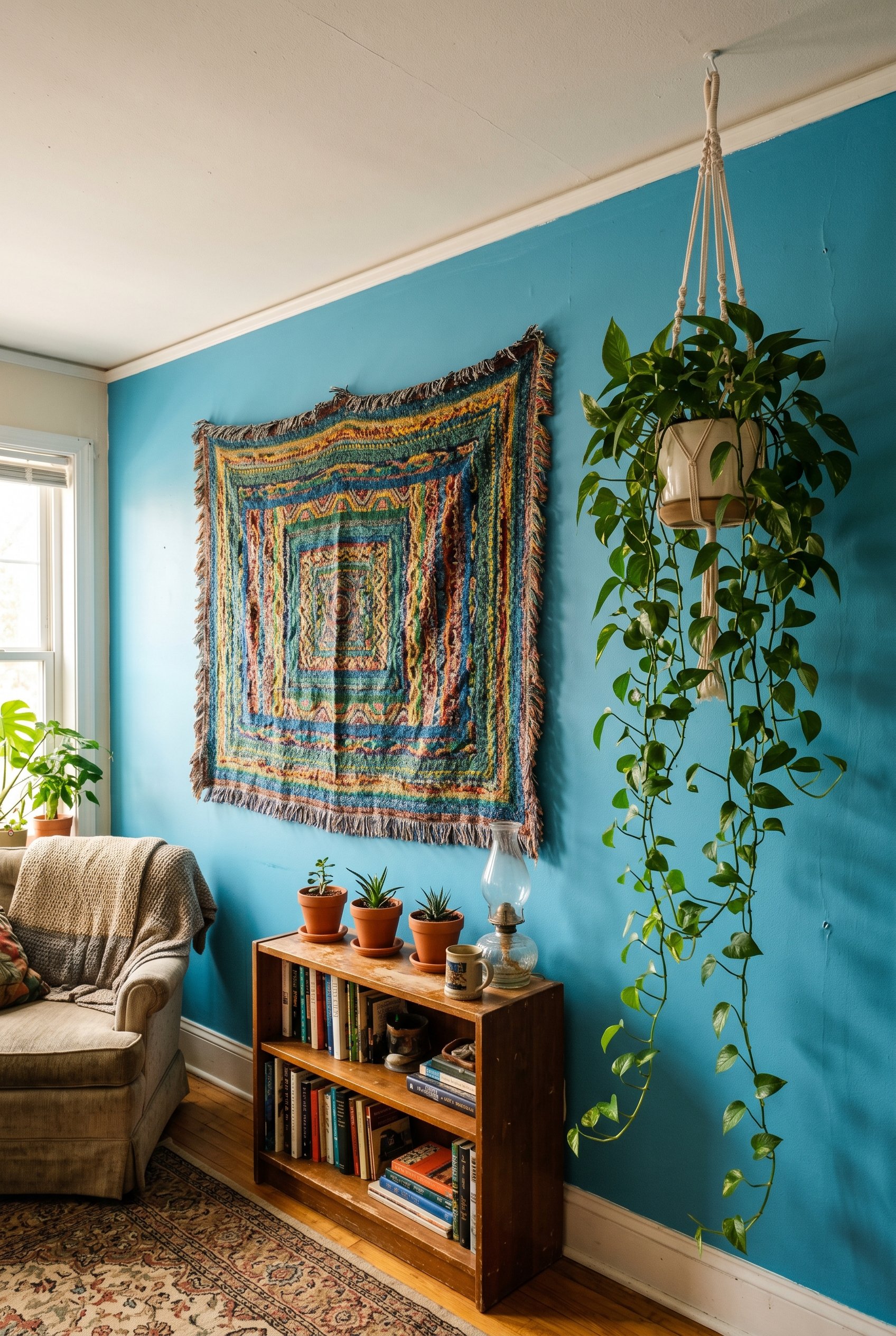 Photorealistic interior photo. Heavy colorful woven tapestry hanging on a brightly painted apartment wall, lush pothos plant draped from the ceiling, soft daylight, low angle shot. Editorial photograp