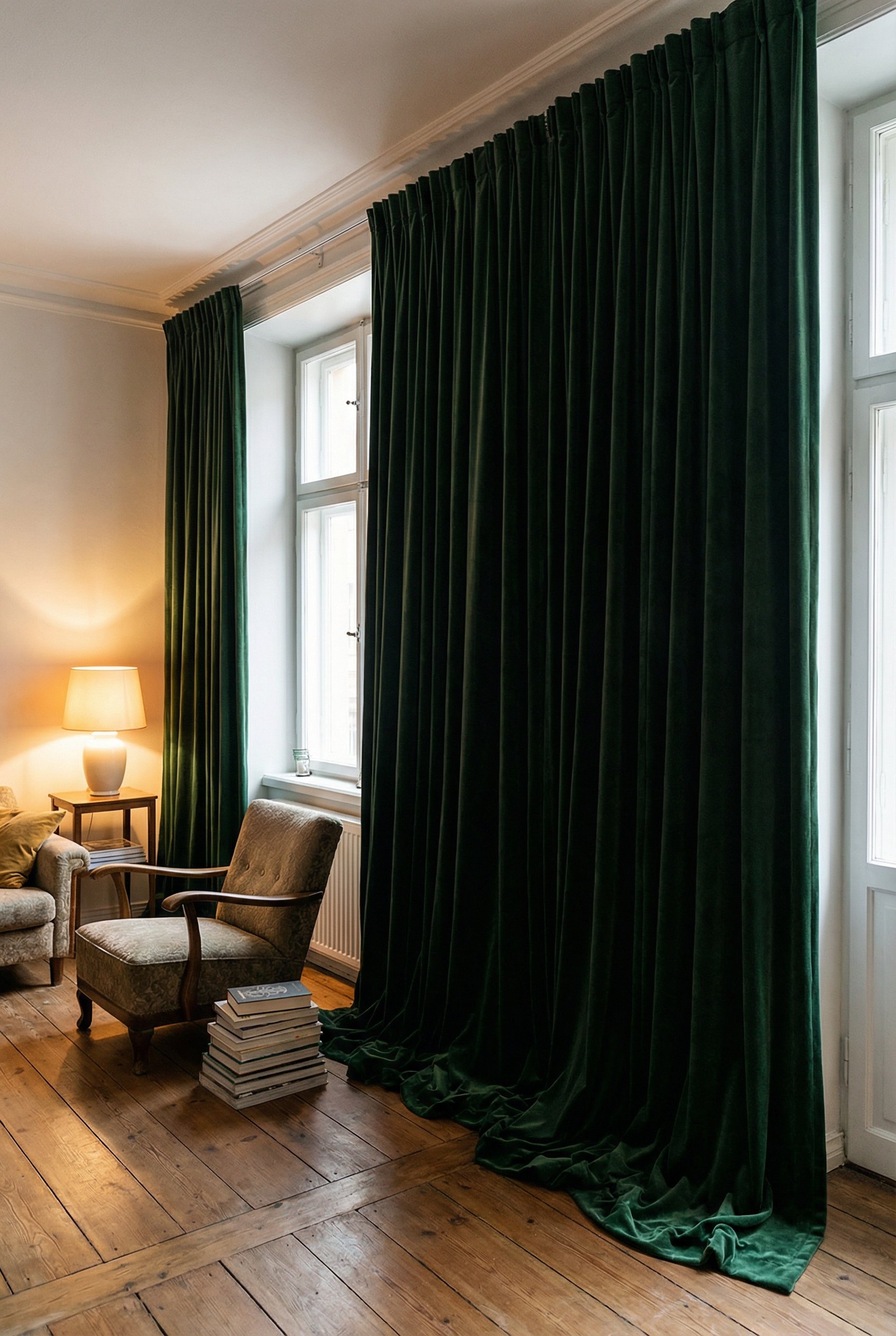 Photorealistic interior photo. Heavy dark green velvet curtains hung all the way at the ceiling line, pooling slightly on the floor, cozy apartment vibe. Editorial photography style, no people visible