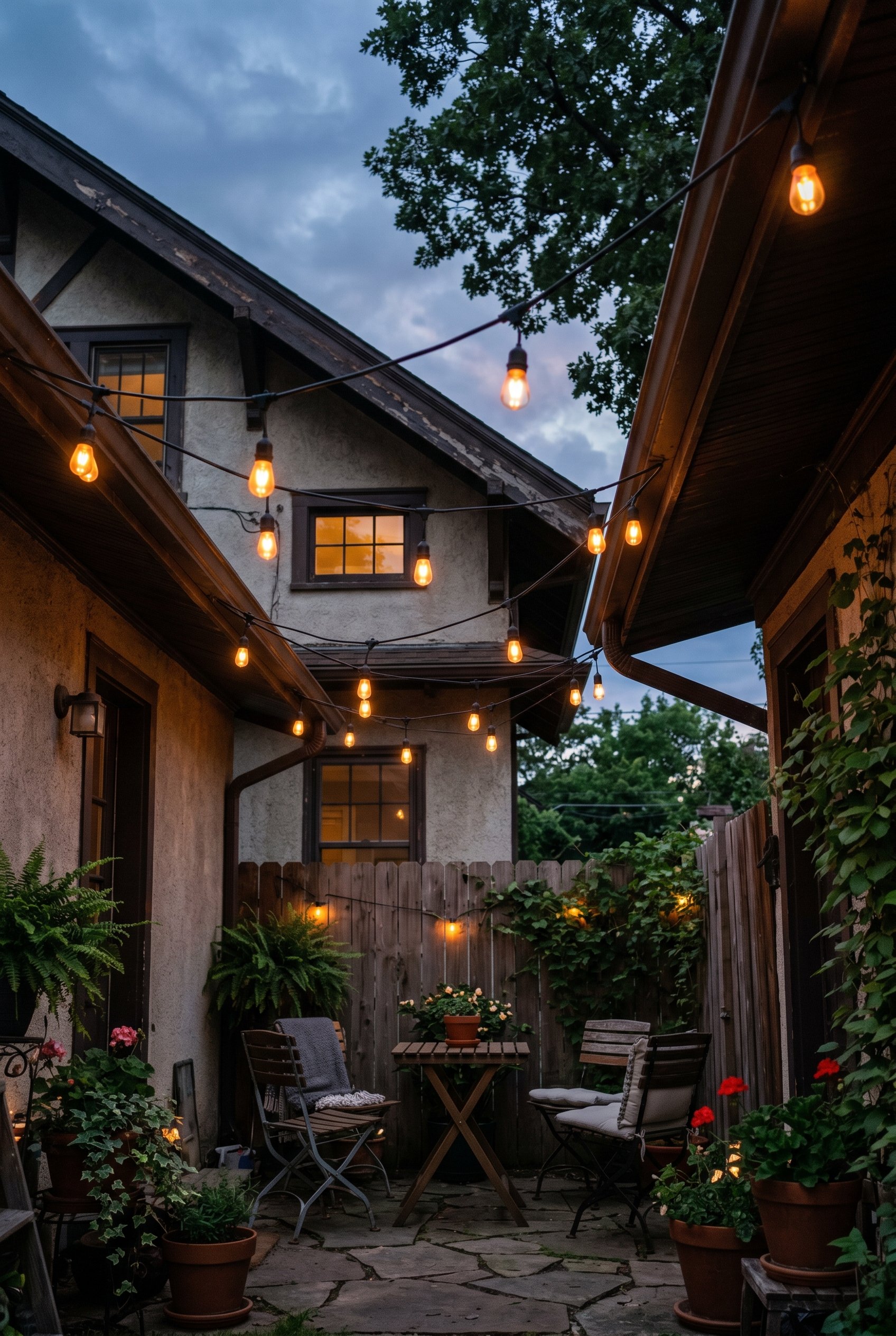Photorealistic interior photo. Heavy-duty bistro string lights glowing warmly above a patio seating area, moody dusk lighting, upward angle. Editorial photography style, no people visible.