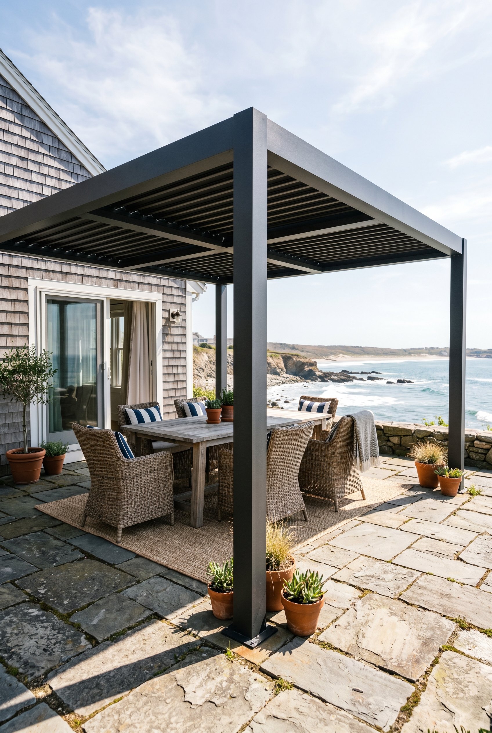 Photorealistic interior photo. Heavy-duty coastal pergola on stone pavers, thick aluminum posts, ocean in the background, harsh sunlight, low wide camera angle. Editorial photography style, no people 