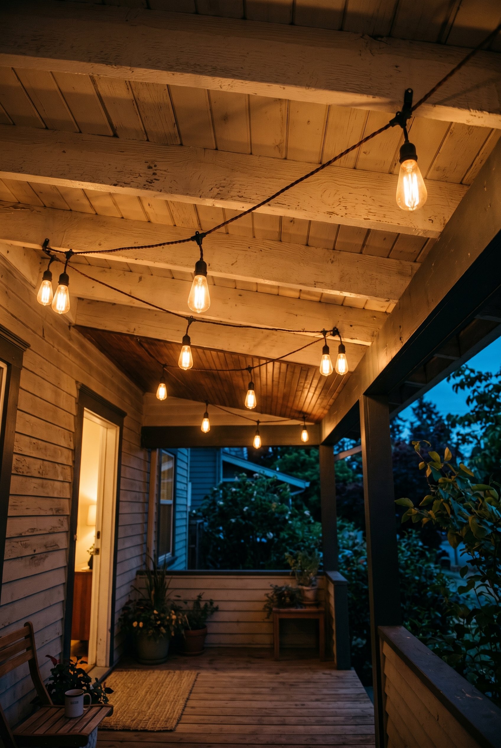 Photorealistic interior photo. Heavy-duty Edison bulb string lights draped neatly across the ceiling beams of a covered front porch. Warm amber evening lighting, looking up camera angle, editorial pho