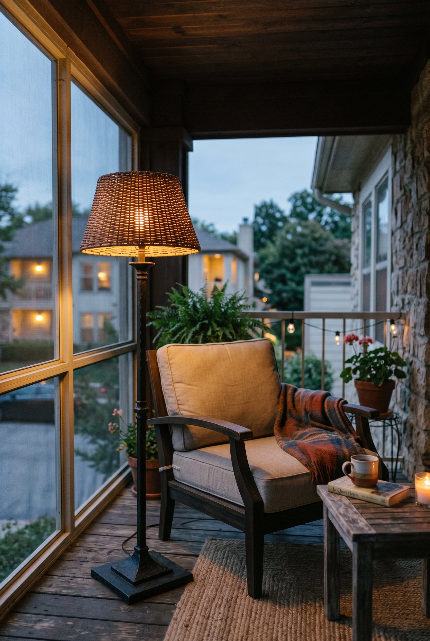 Photorealistic interior photo. Heavy iron outdoor floor lamp with a woven resin shade next to a patio chair, glowing warm light at twilight, medium shot angle. Editorial photography style, no people v