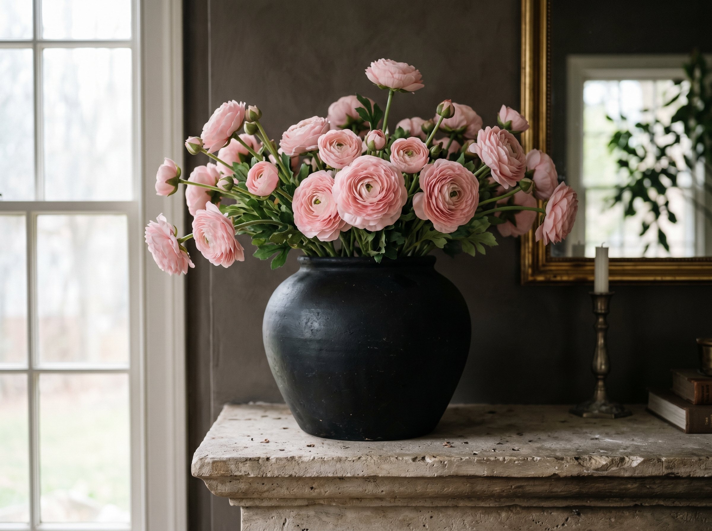 Photorealistic interior photo. Heavy matte black ceramic vase filled with realistic faux light pink ranunculus on a stone mantel. Moody natural lighting, sharp focus on the petals. Editorial photograp
