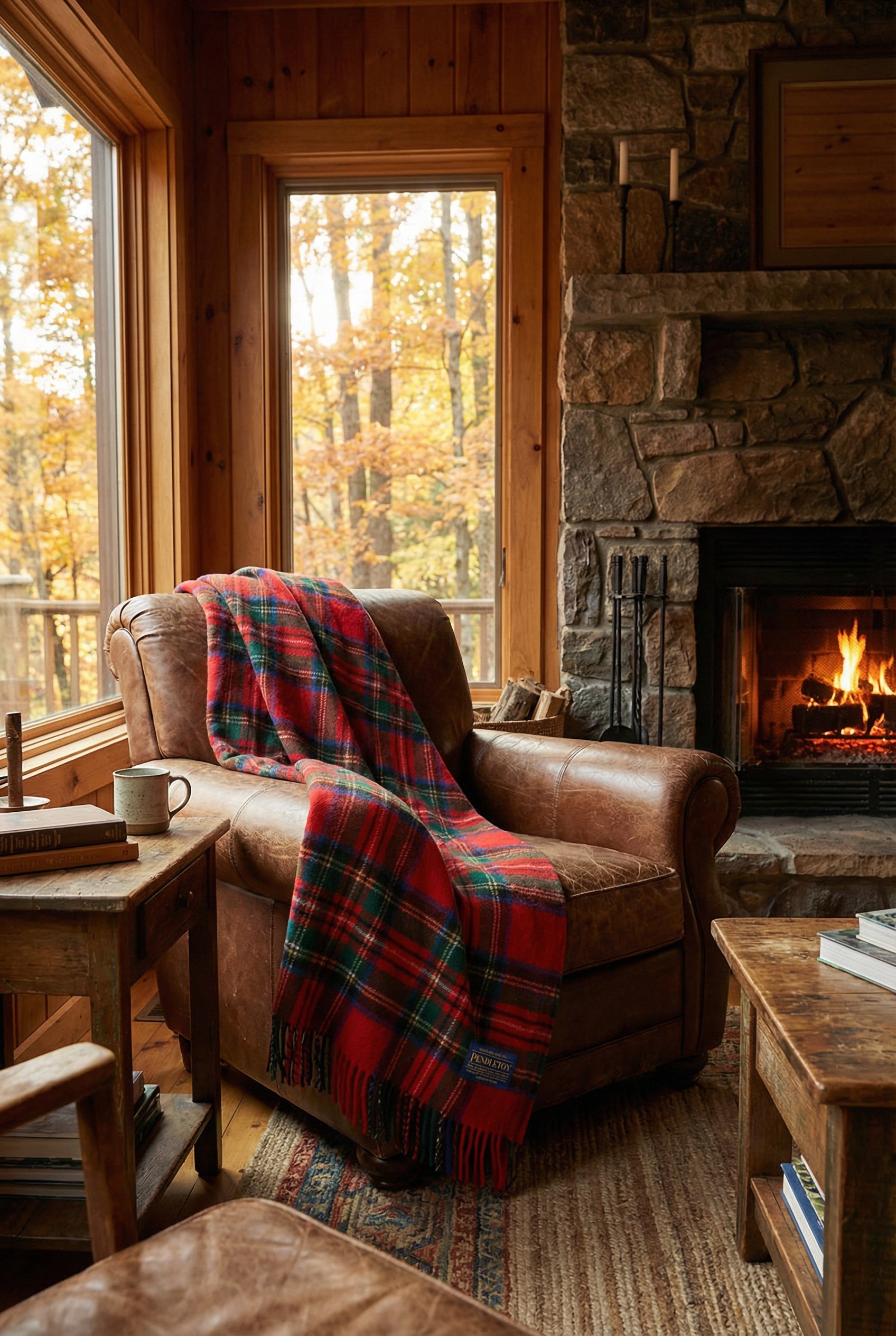 Photorealistic interior photo. Heavy Pendleton tartan plaid blanket draped casually over the back of a leather armchair, fall cabin aesthetic. Editorial photography style, no people visible.