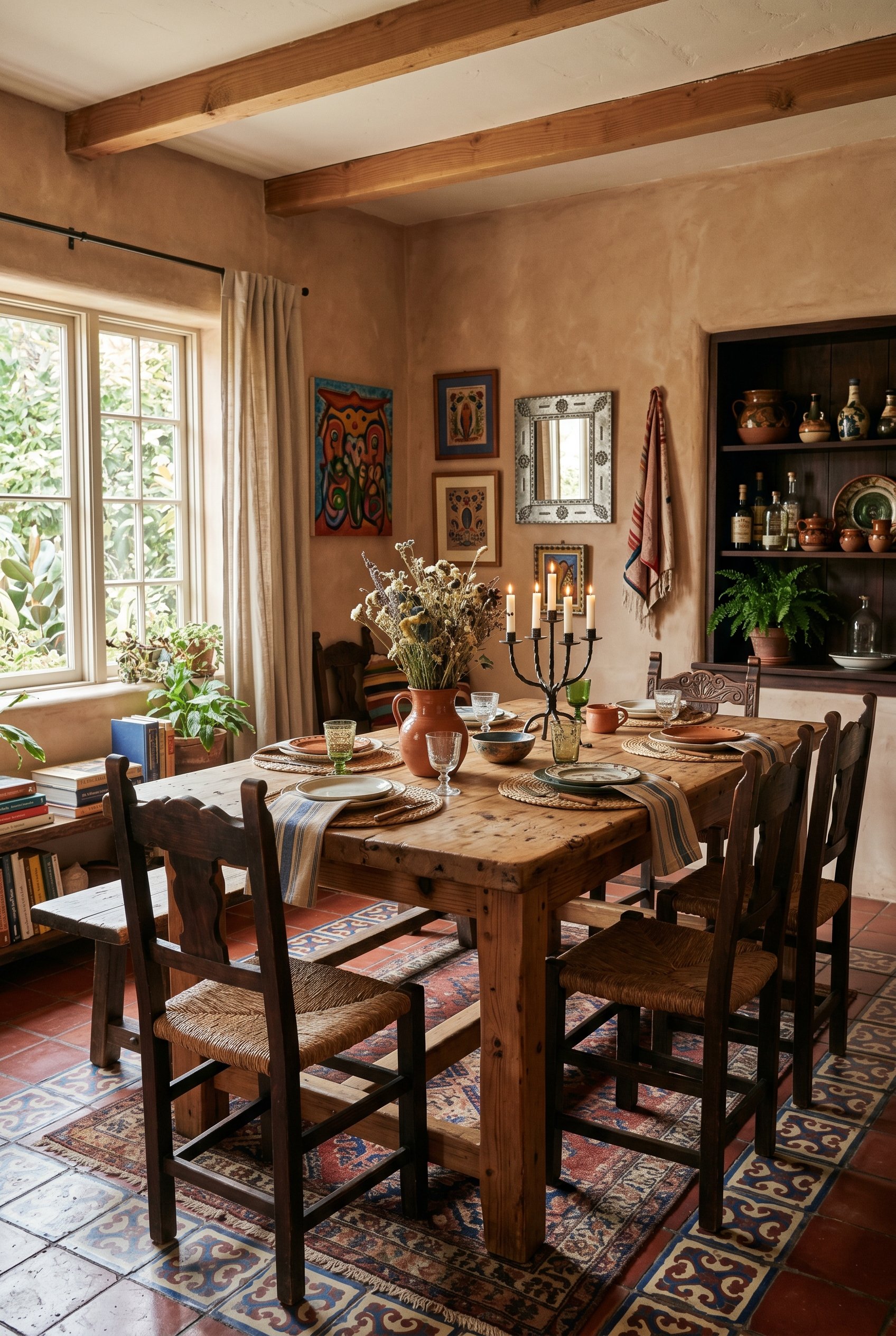 Photorealistic interior photo. Heavy, raw reclaimed pine dining table in a rustic Mexican dining room, natural beeswax finish. Soft window lighting, eye-level shot. Editorial photography style, no peo