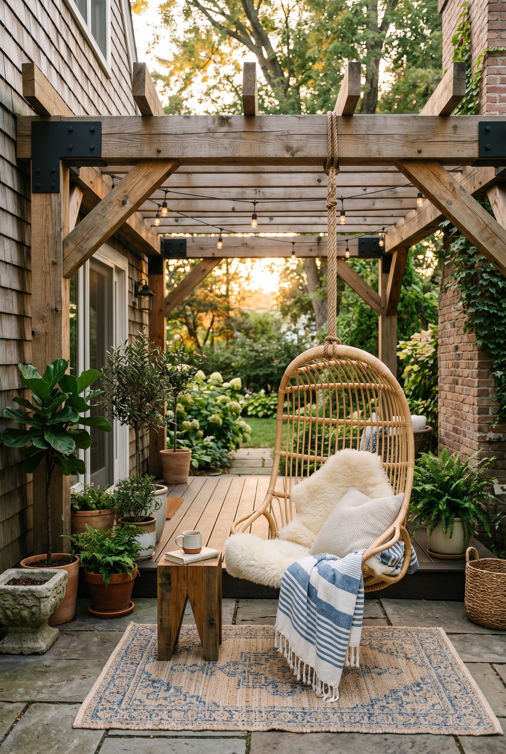 Photorealistic interior photo. Heavy reinforced modern timber and steel pergola with one Serena and Lily woven hanging chair suspended from a thick crossbeam, cozy outdoor rug, soft sunset lighting, e