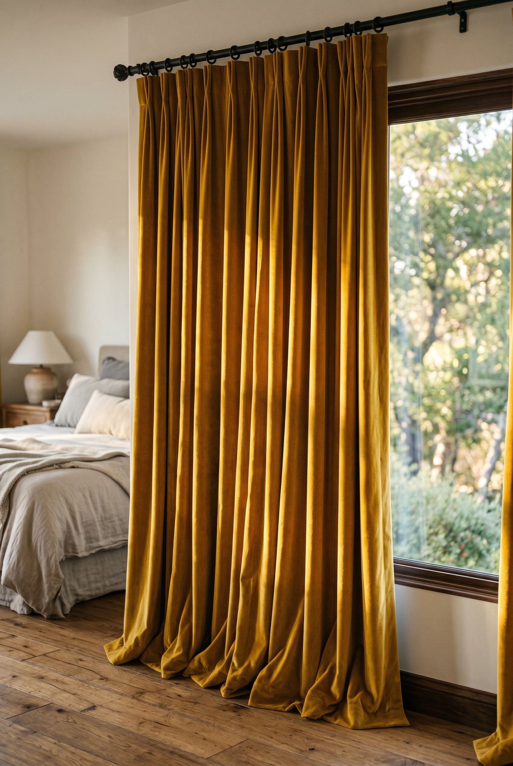 Photorealistic interior photo. Heavy, rich mustard yellow velvet blackout curtains hanging over a bedroom window. Sunlight hitting the folds of the velvet. Editorial photography style, close-up on fab